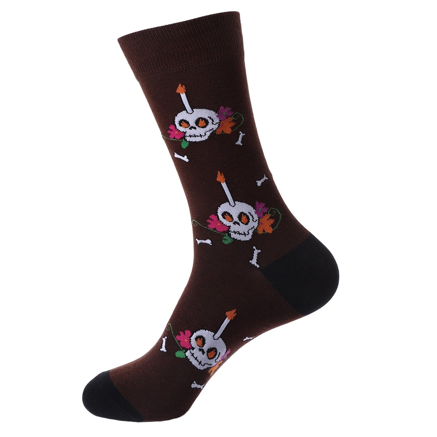Brown crew sock with candle-topped calavera skulls, marigolds, and bone accents — Day of the Dead inspired.
