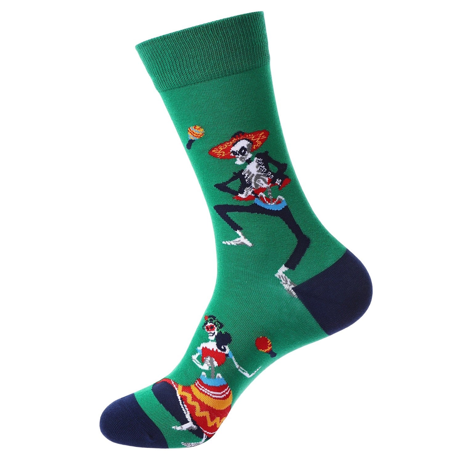 Green Day of the Dead socks with dancing skeleton couple in colorful Mexican attire
