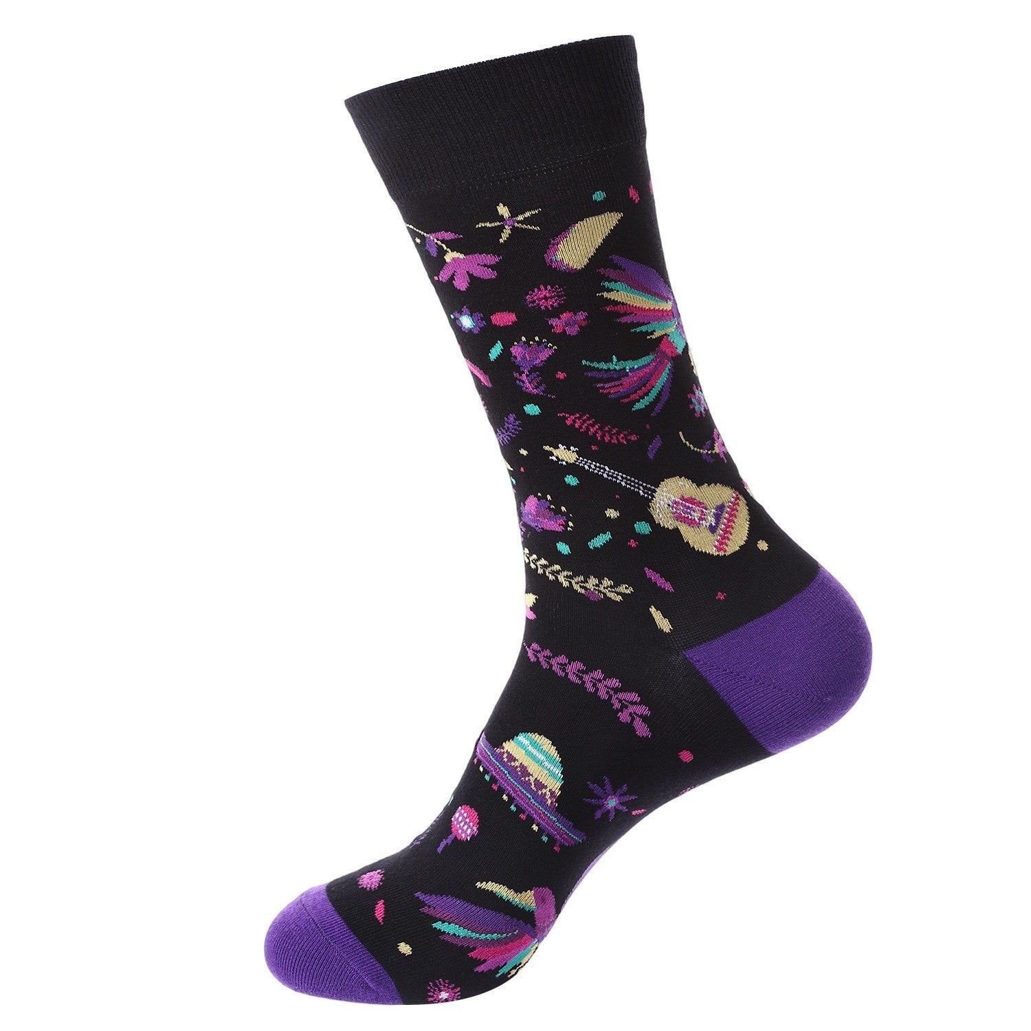 Navy crew sock with colorful fireworks and a skeleton raising a beer — Day of the Dead inspired.
