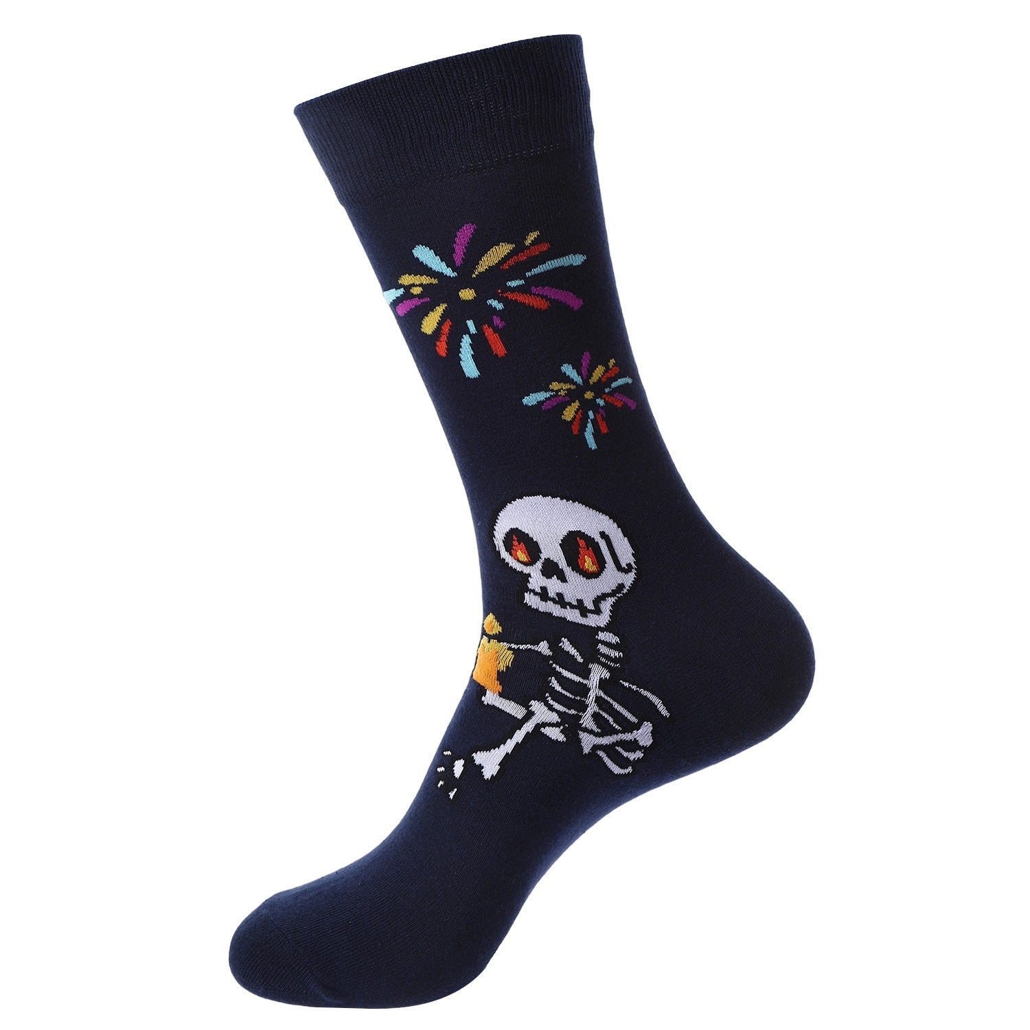 Day of the Dead-themed navy socks with dancing skeleton holding beer and colorful fireworks – unisex novelty crew socks