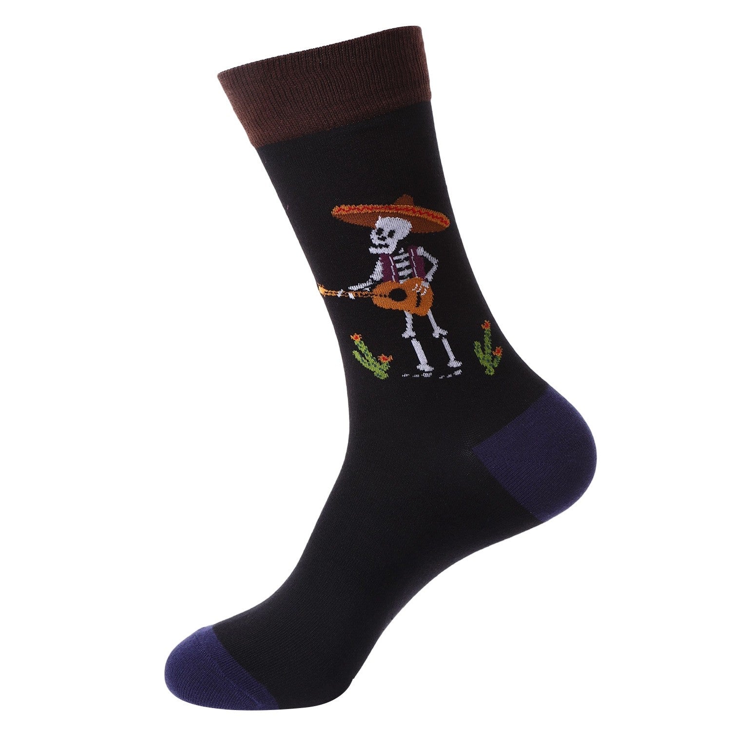 Black socks with mariachi skeleton in sombrero playing guitar, cactus detail, purple heel and toe