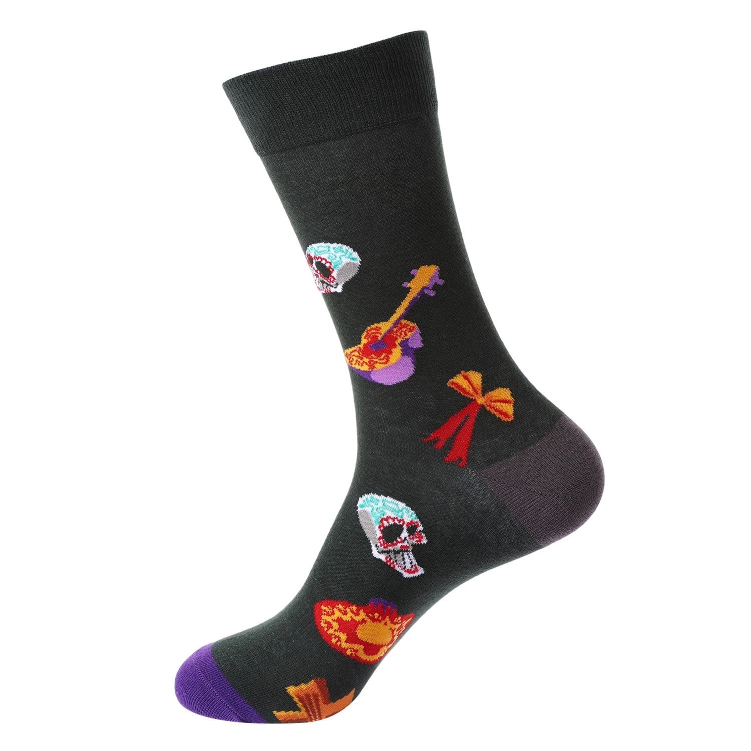 Black novelty sock with colorful Day of the Dead-themed skulls, guitars, sombreros, and ribbons – unisex design