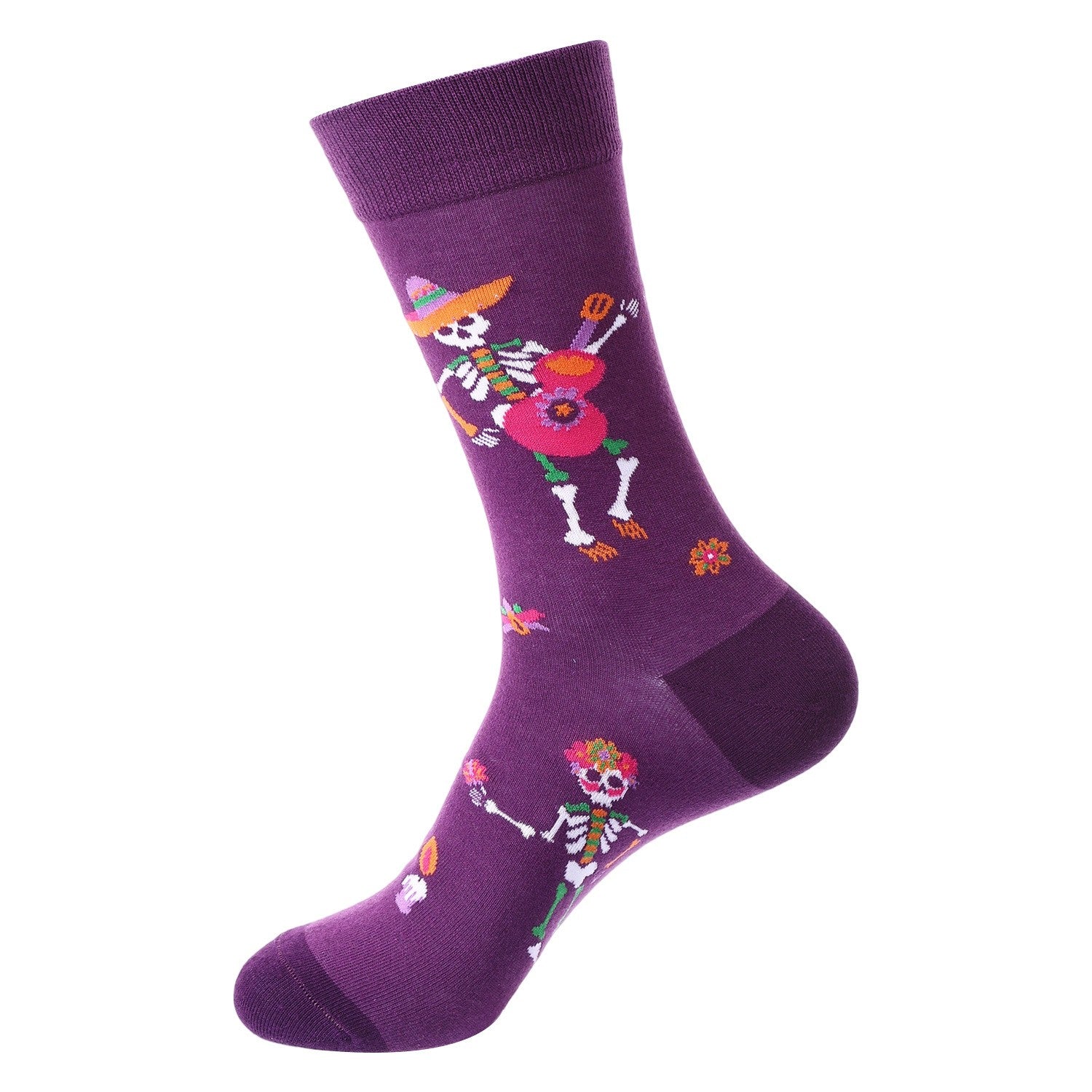 Purple crew socks with colorful dancing skeletons and guitar for Day of the Dead