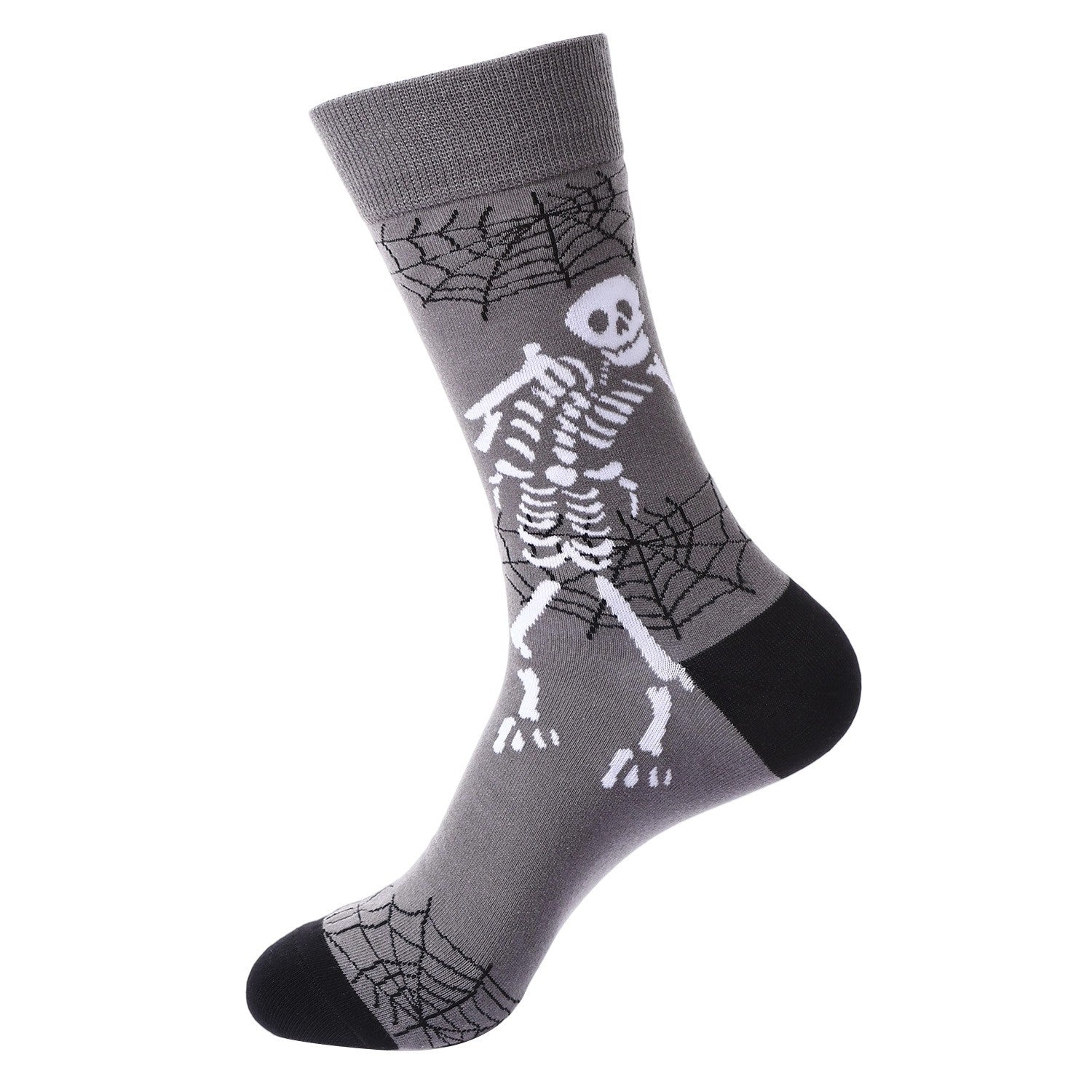 Gray crew socks with dancing white skeleton and black spider web design, Day of the Dead theme