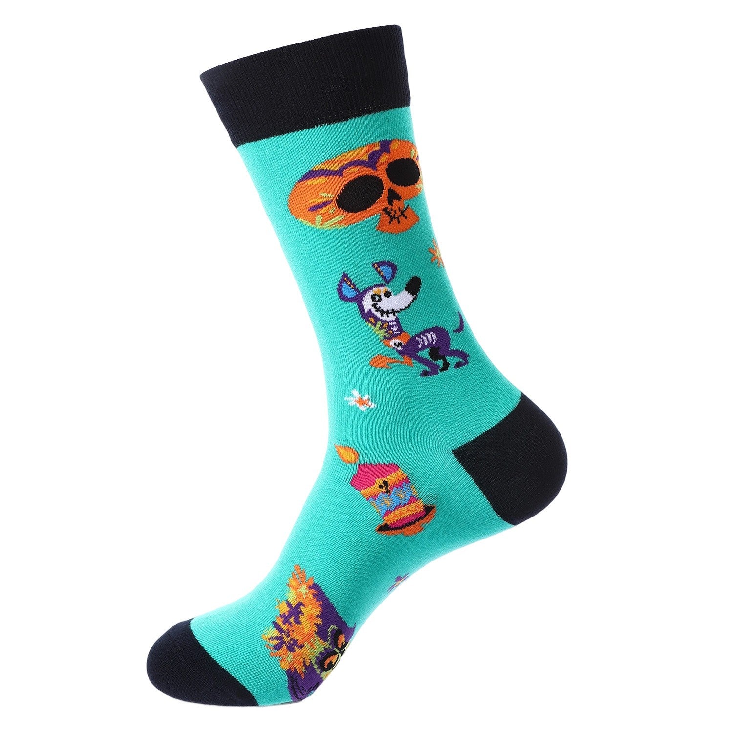 Turquoise novelty socks featuring Day of the Dead skeleton dog, orange calavera skull, marigold flowers, and festive candle design