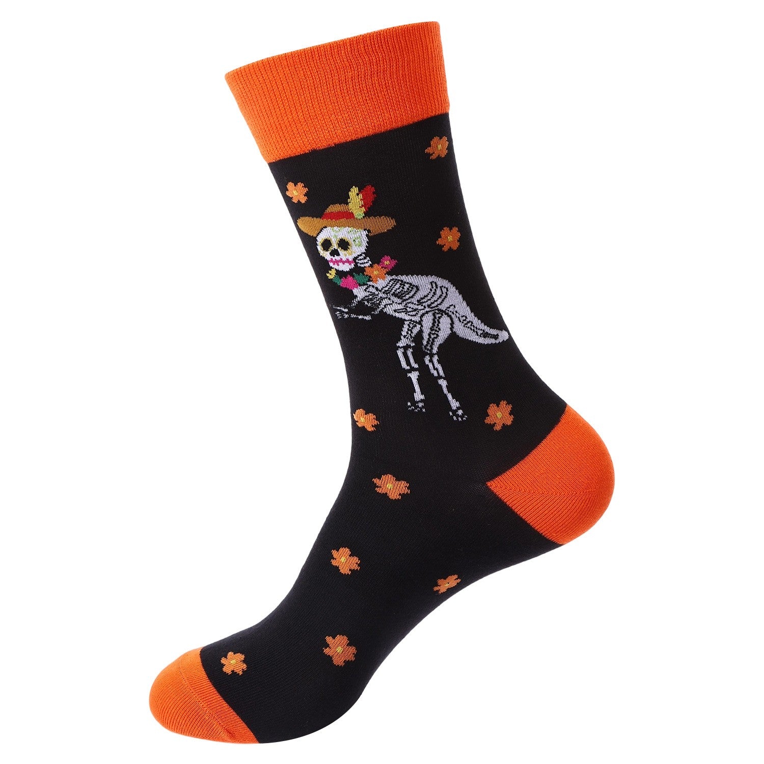 Black socks with orange heel, toe, and cuff featuring a skeleton in a sombrero surrounded by floral accents – Day of the Dead themed