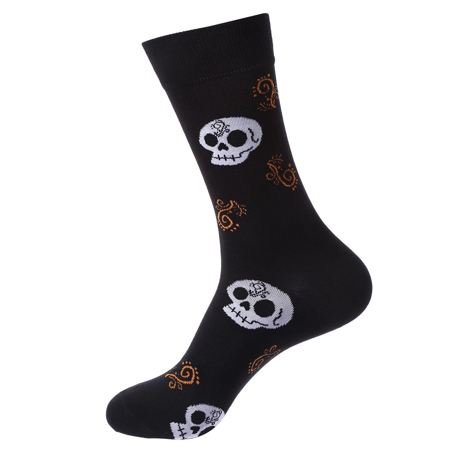 Black socks with white skull and orange swirl pattern, Day of the Dead theme