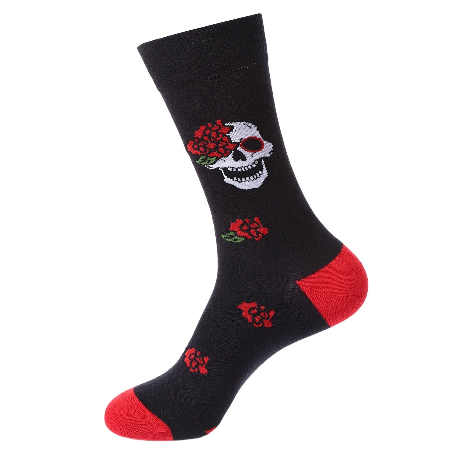 Black Day of the Dead socks with skull and red roses design, featuring red heel and toe 