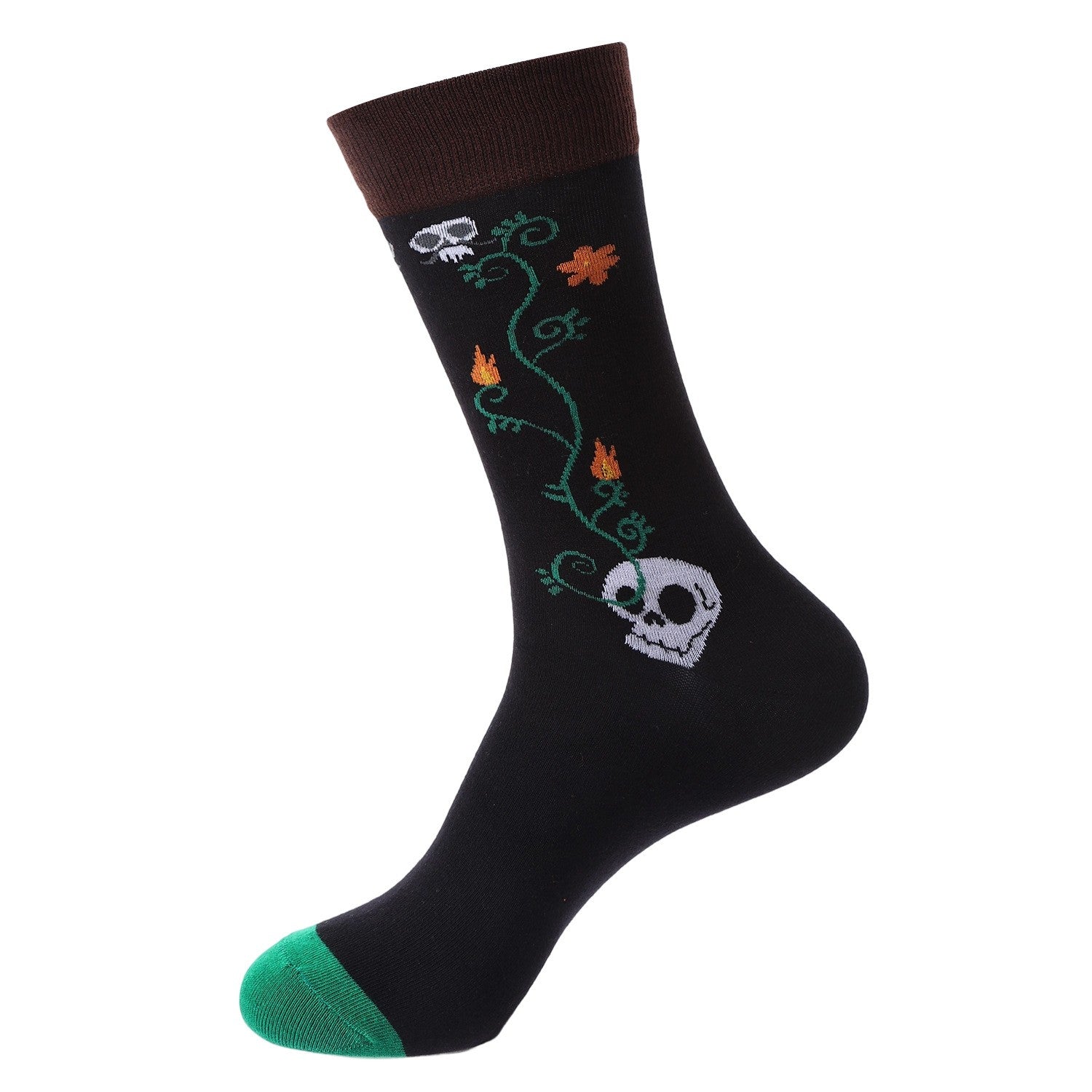 Black crew socks with colorful sugar skull and skeleton design - Day of the Dead style