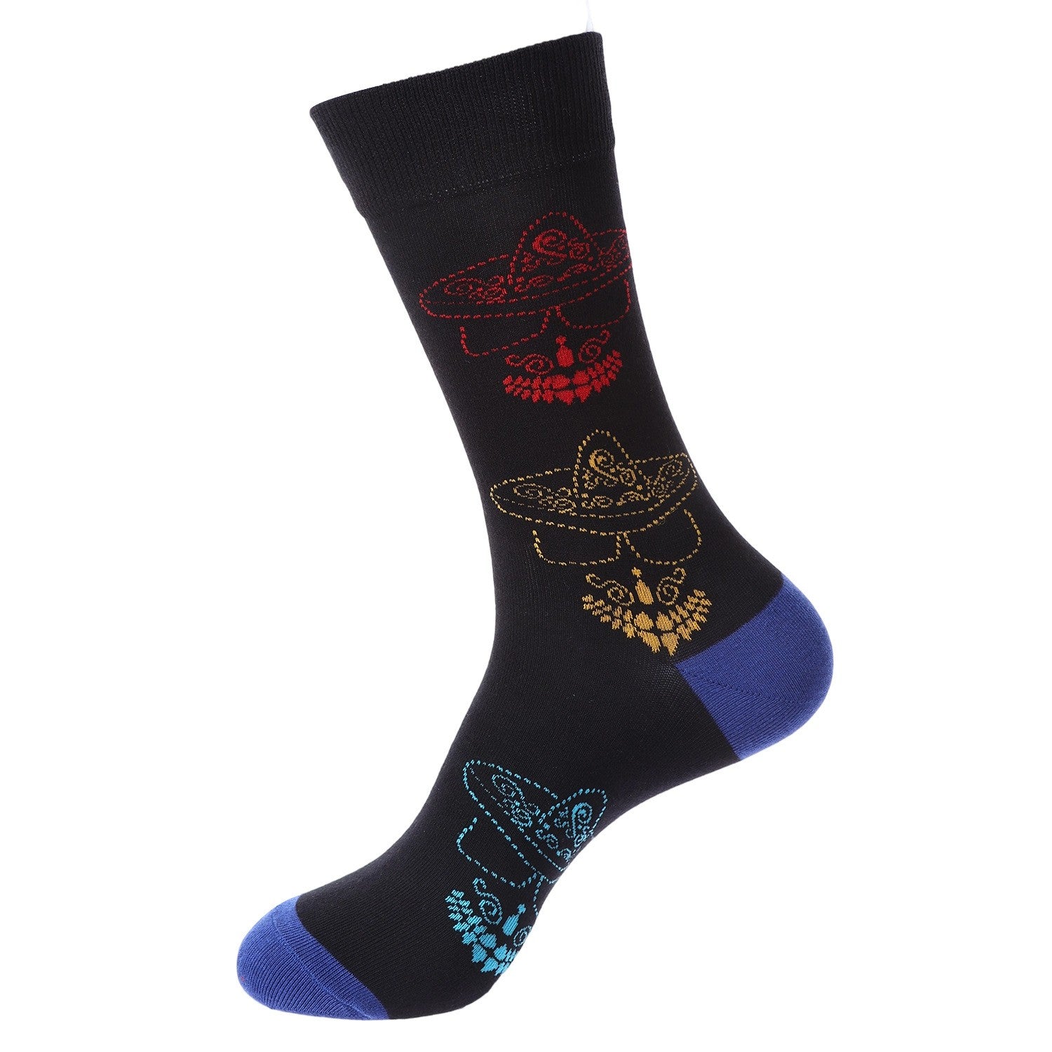 Black crew sock with red, gold, and teal sombrero-and-mustache motifs and blue heel/toe — Day of the Dead inspired.