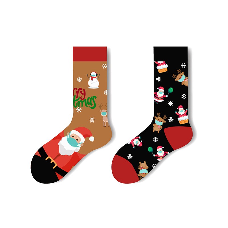 Mismatched Christmas socks with Santa, reindeer, and snowmen wearing face masks – holiday crew socks in tan and black