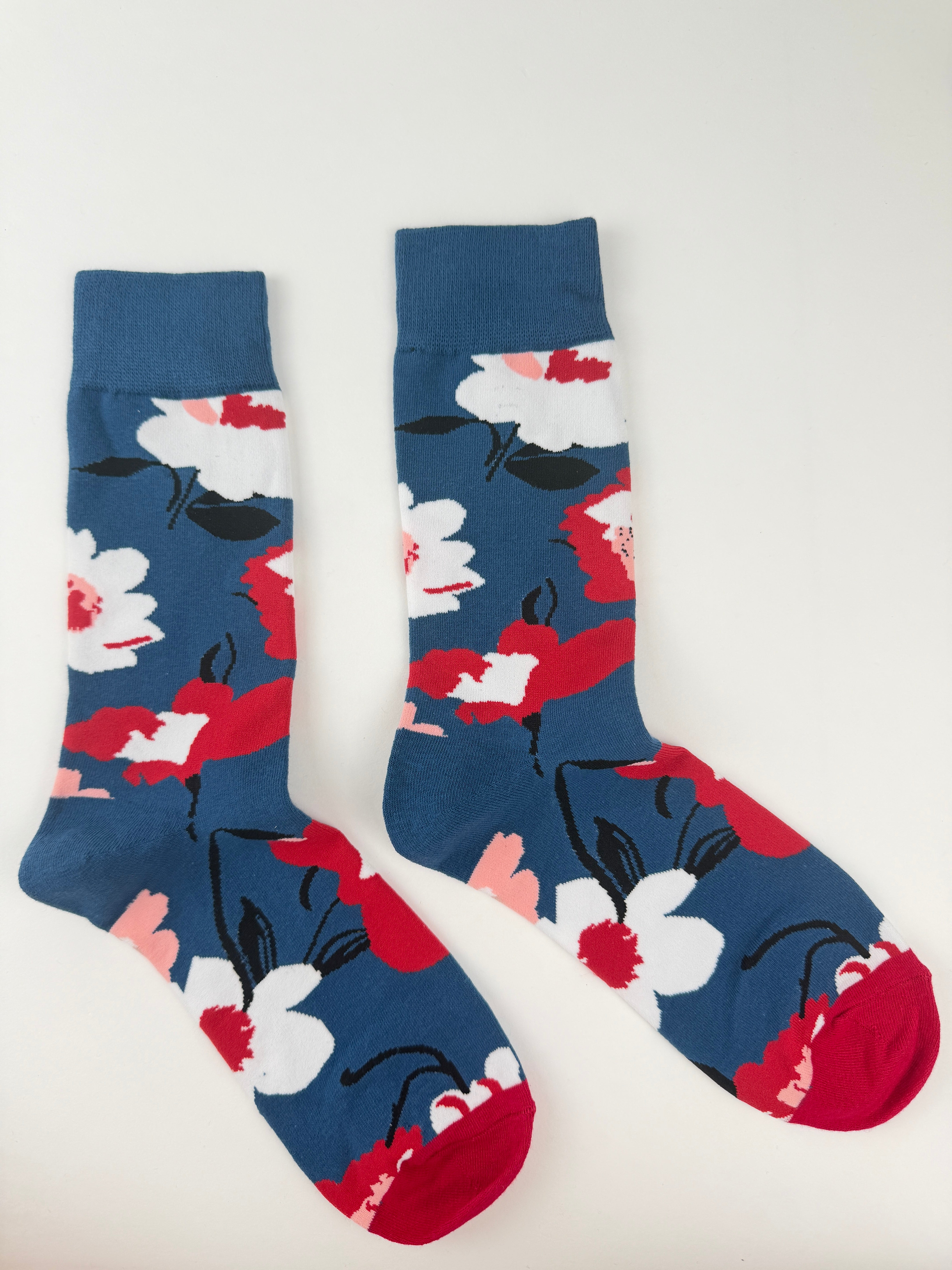 Flower Socks – Red & Pink Flowers on Navy Blue
