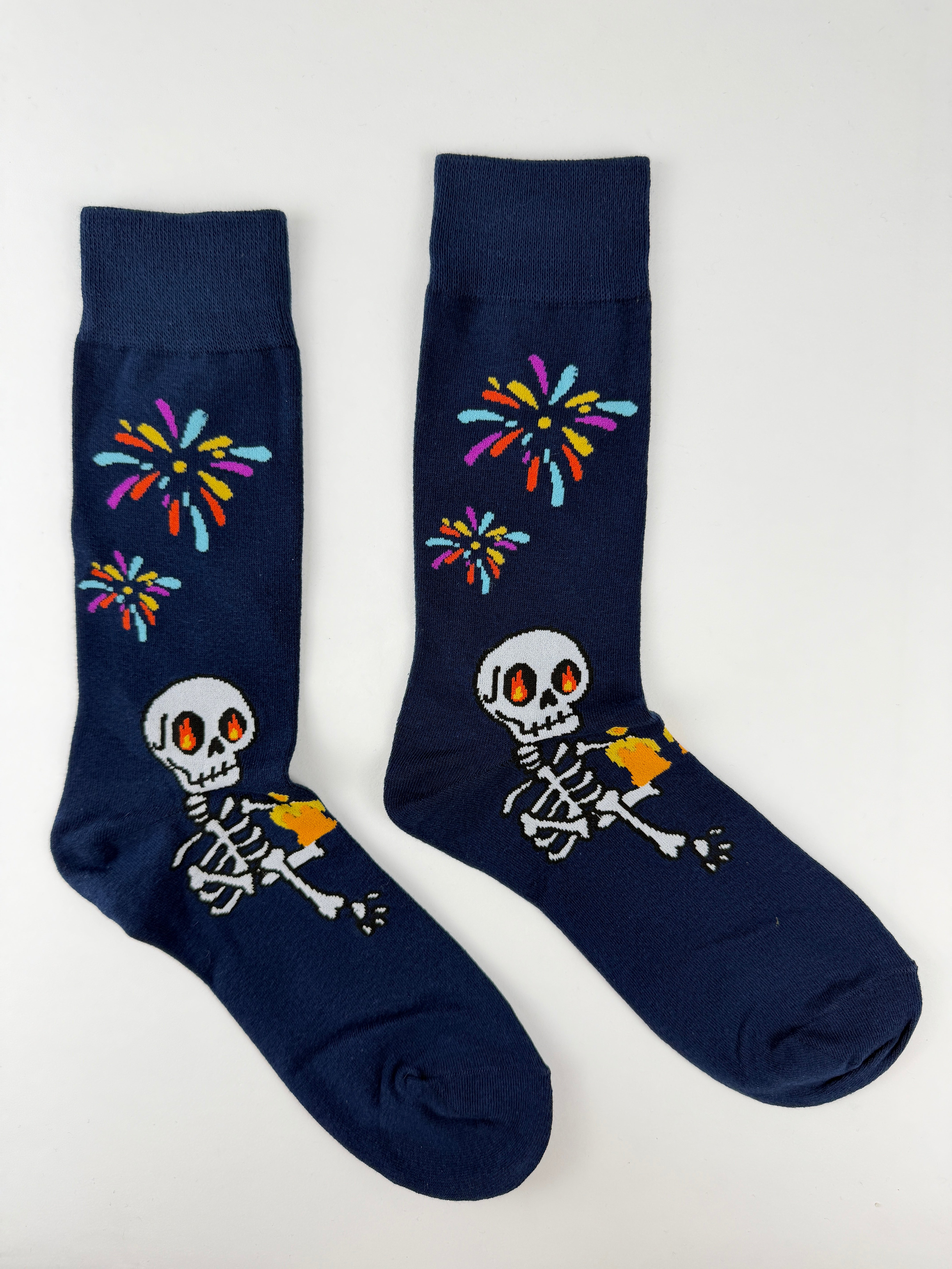 Day of the Dead Skeleton Celebration Socks with Colorful Bursts & Beer