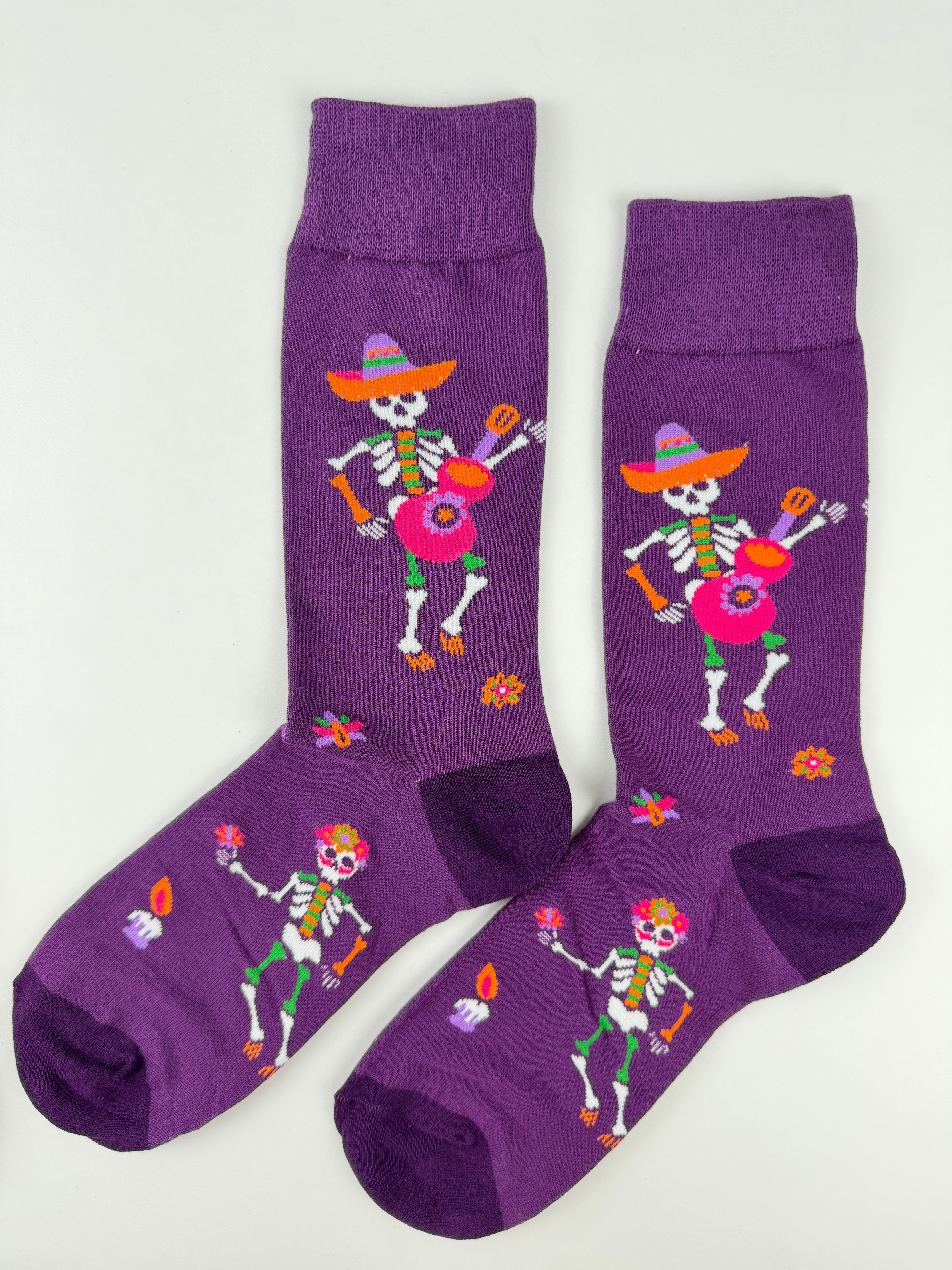Day of the Dead Purple Skeleton Music Socks