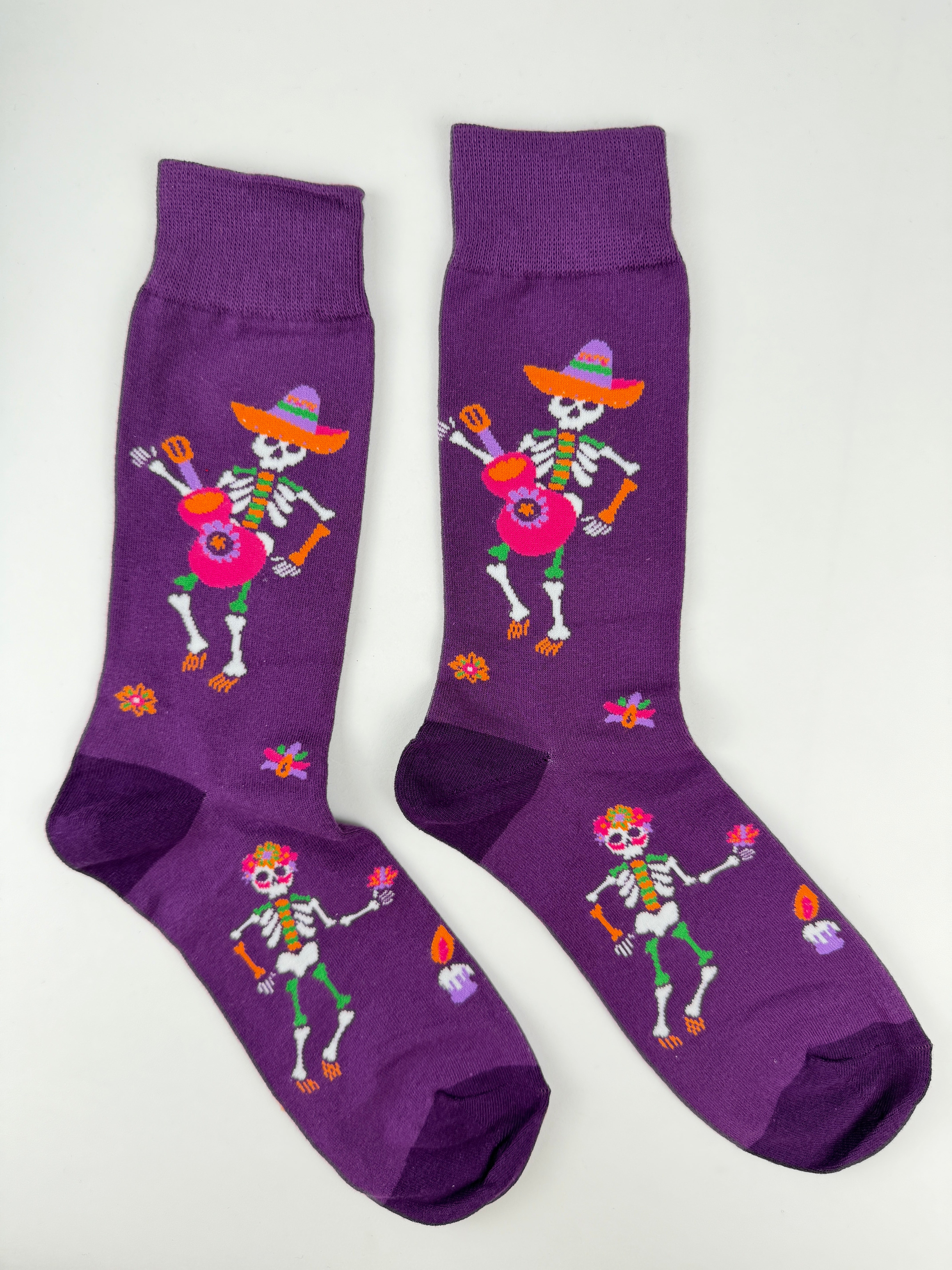 Day of the Dead Purple Skeleton Music Socks