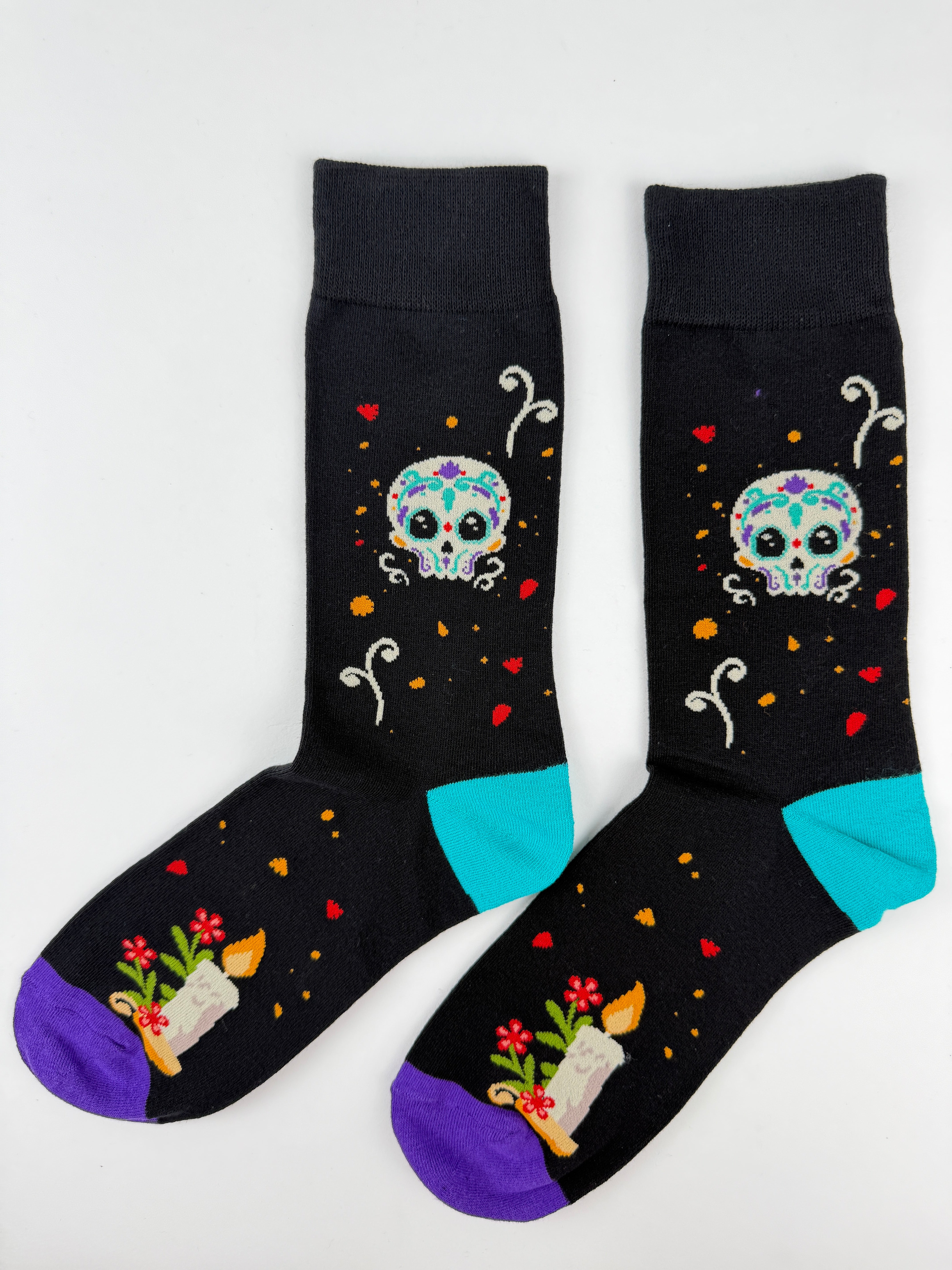 Day of the Dead Sugar Skull and Marigold Altar Black Socks