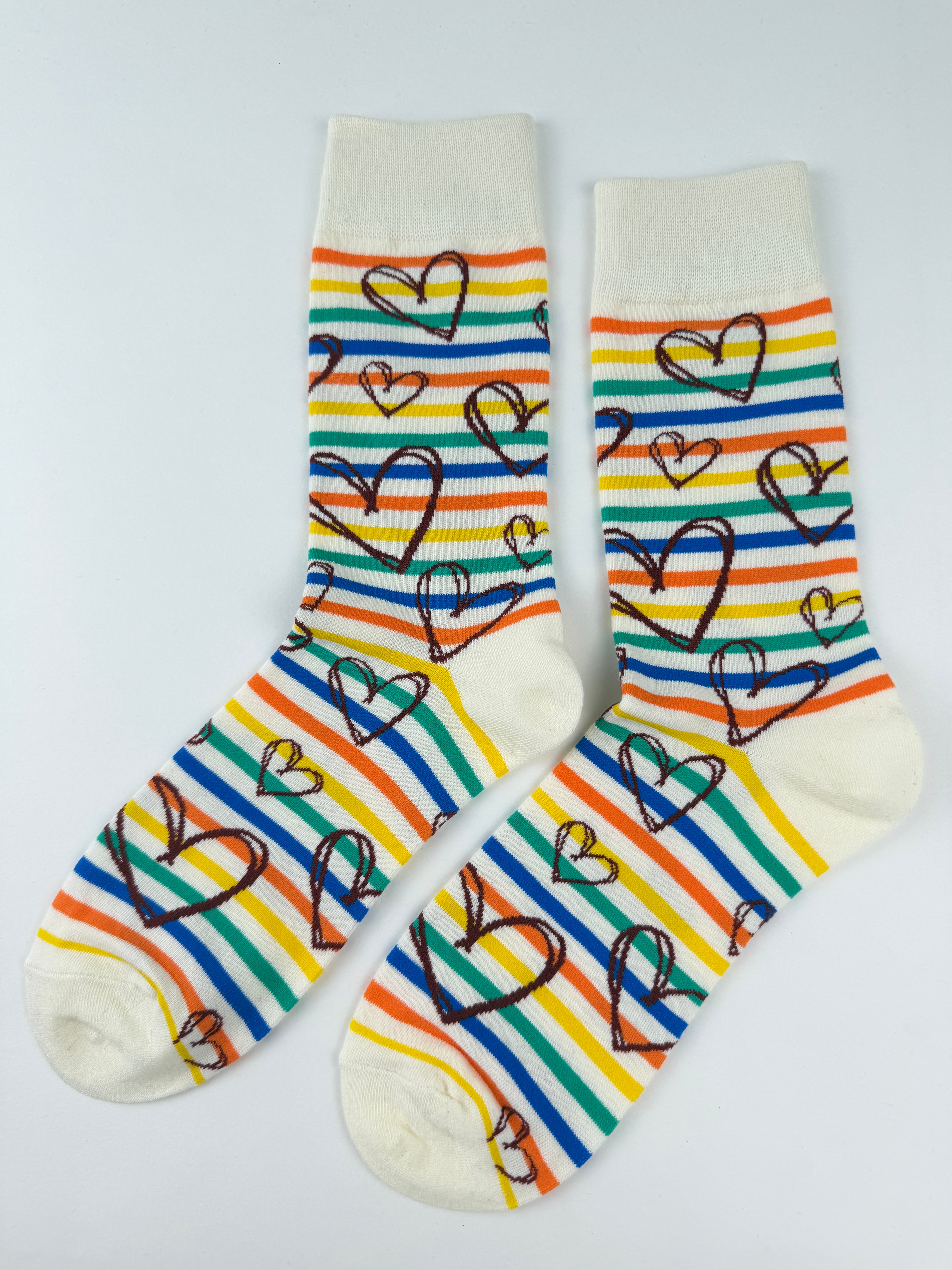 Valentine’s Socks – Rainbow Striped Doodle Hearts Crew Socks Unisex