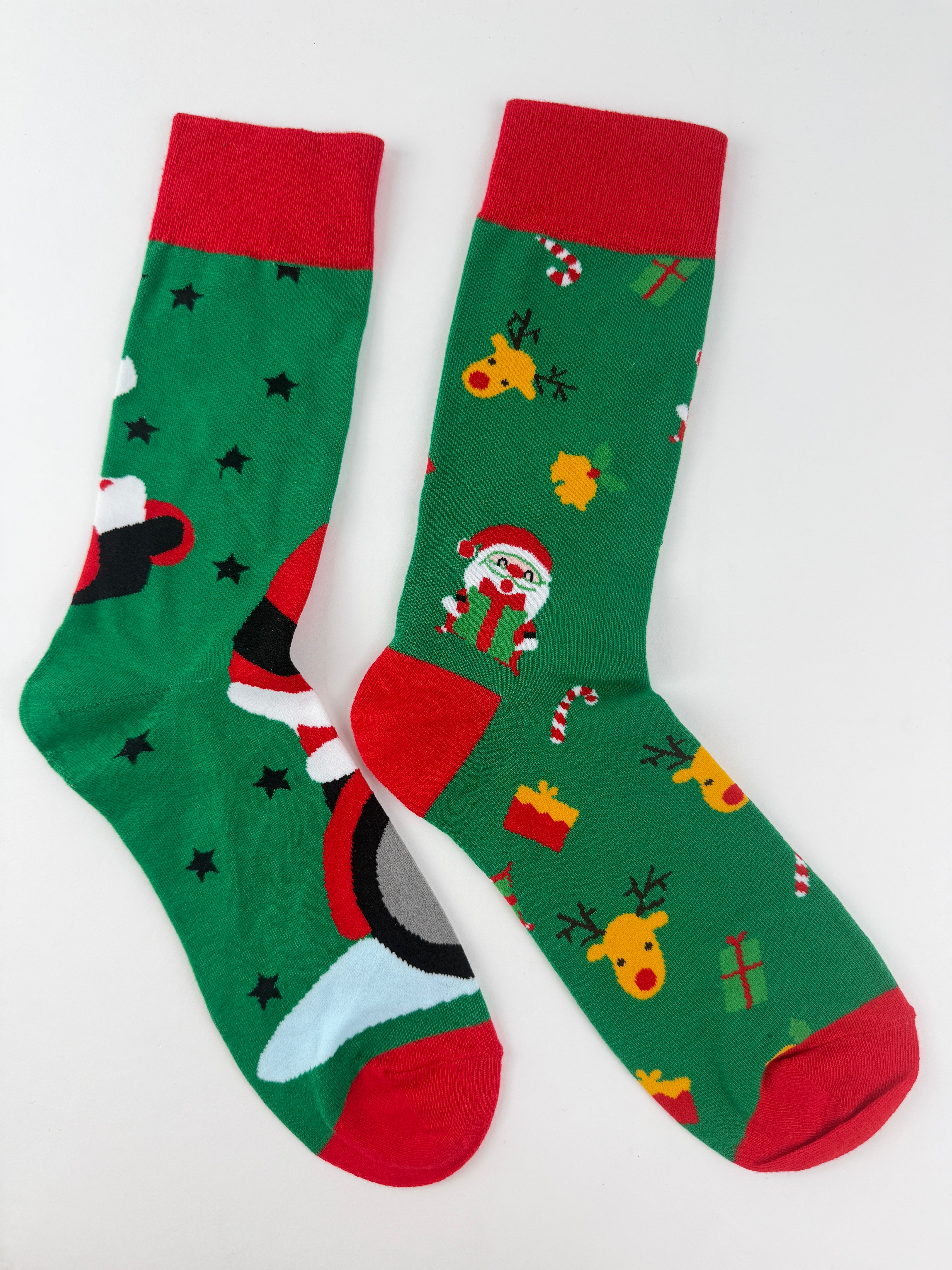 Funny Christmas Socks – Santa & Sleigh Mismatched Holiday Crew