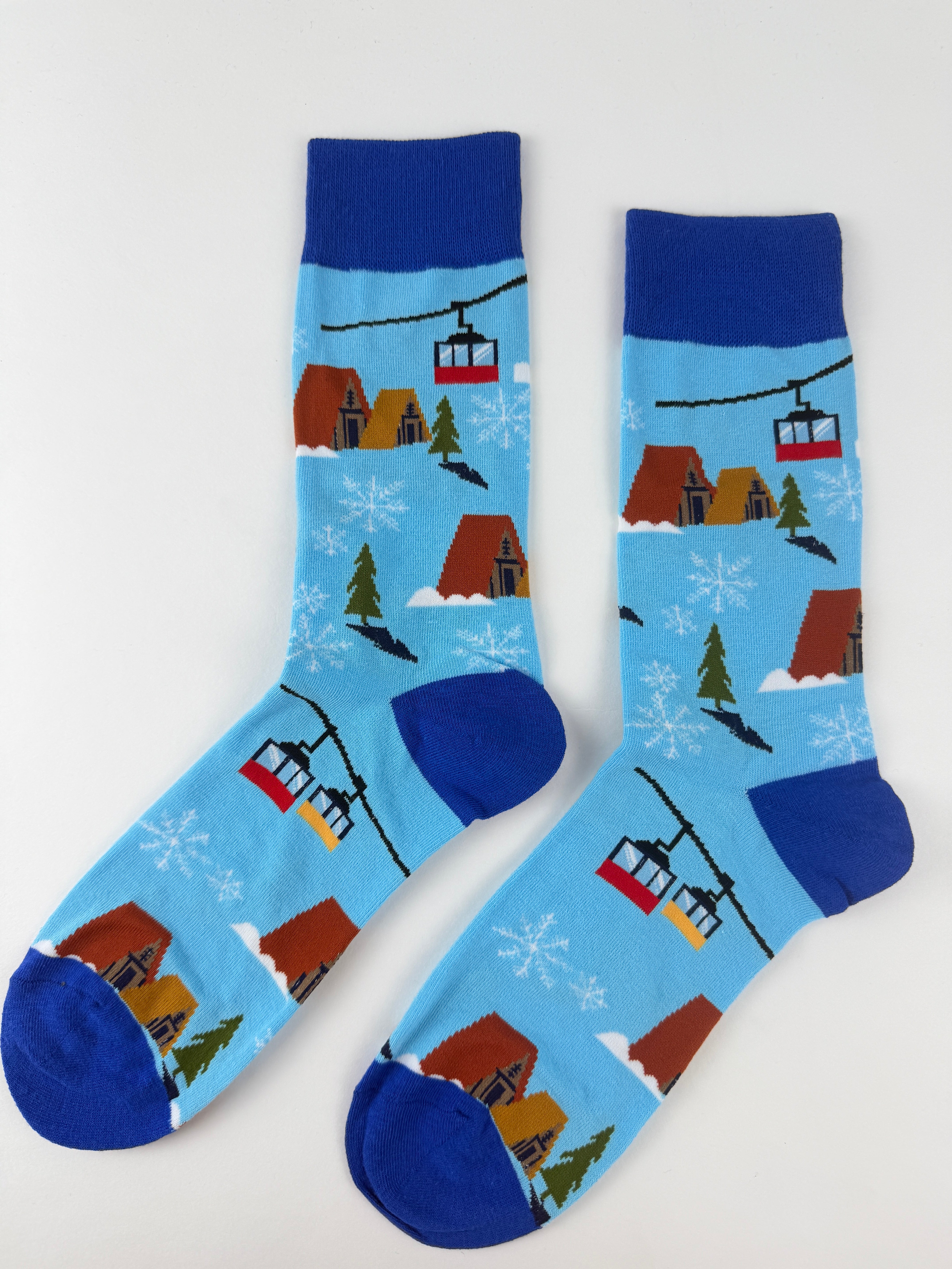 Winter Ski Resort Crew Socks – Snow Cabin Gondola Holiday Socks