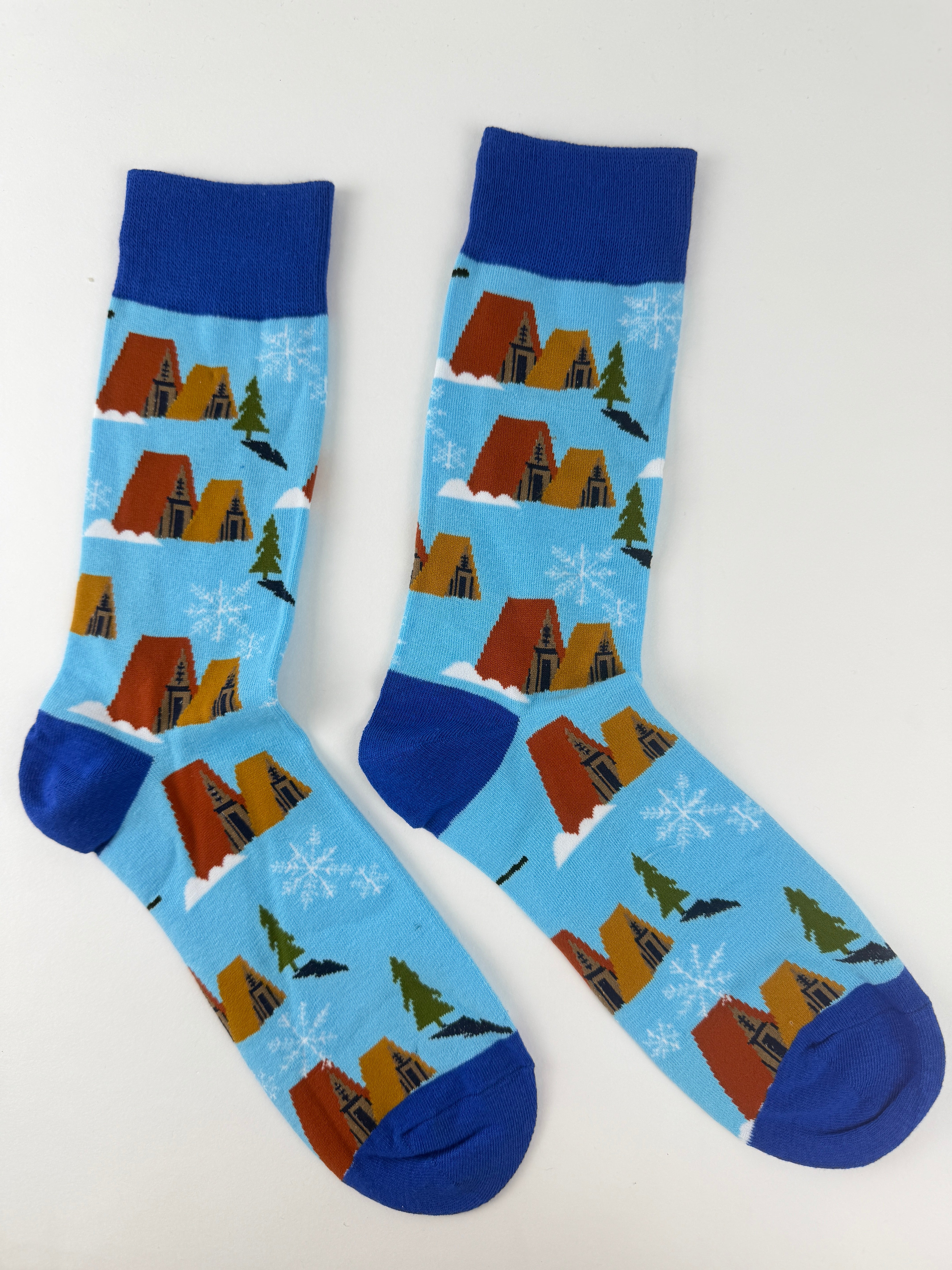 Winter Ski Resort Crew Socks – Snow Cabin Gondola Holiday Socks