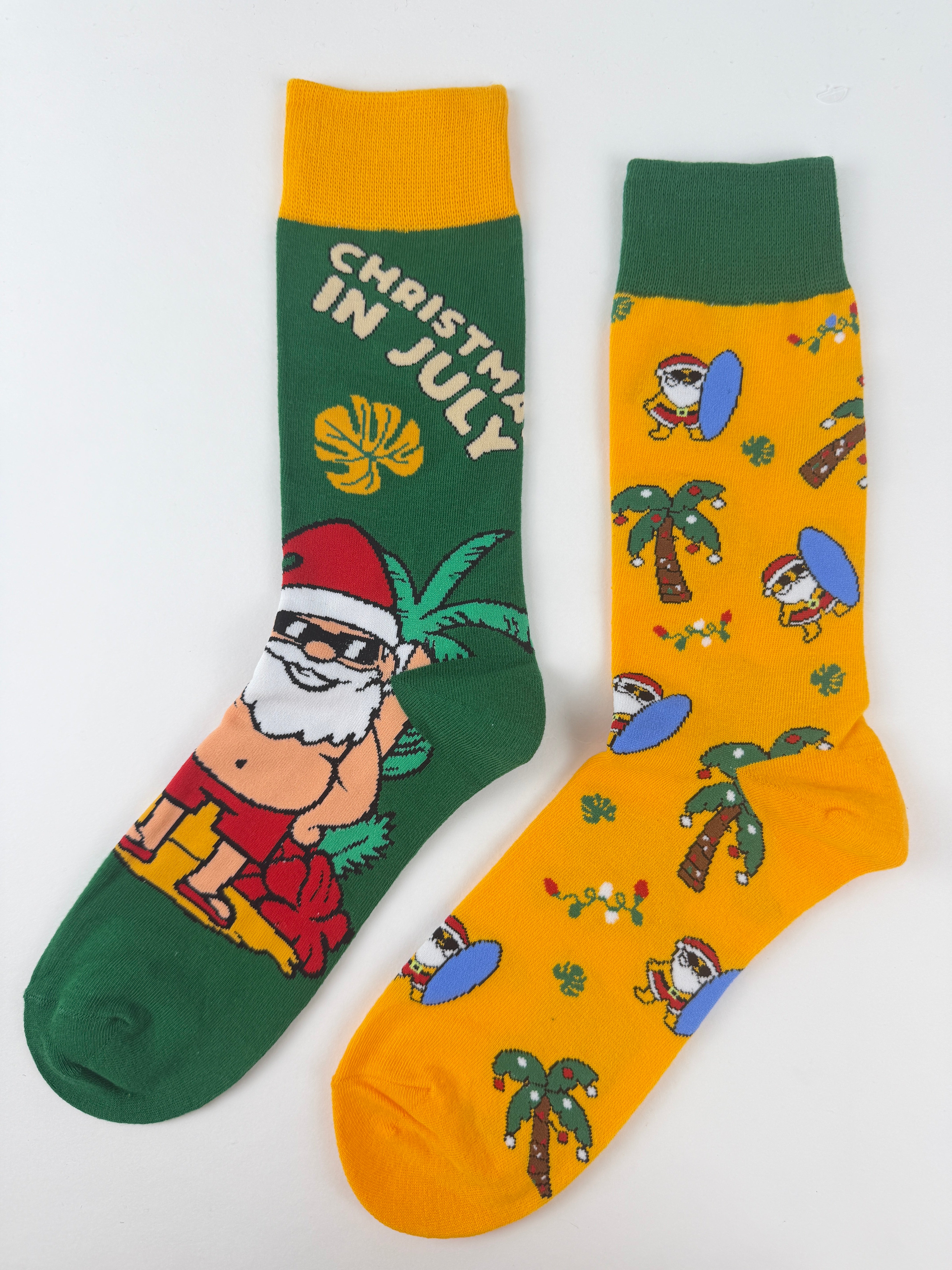 Christmas in July Socks – Tropical Santa & Surf Print