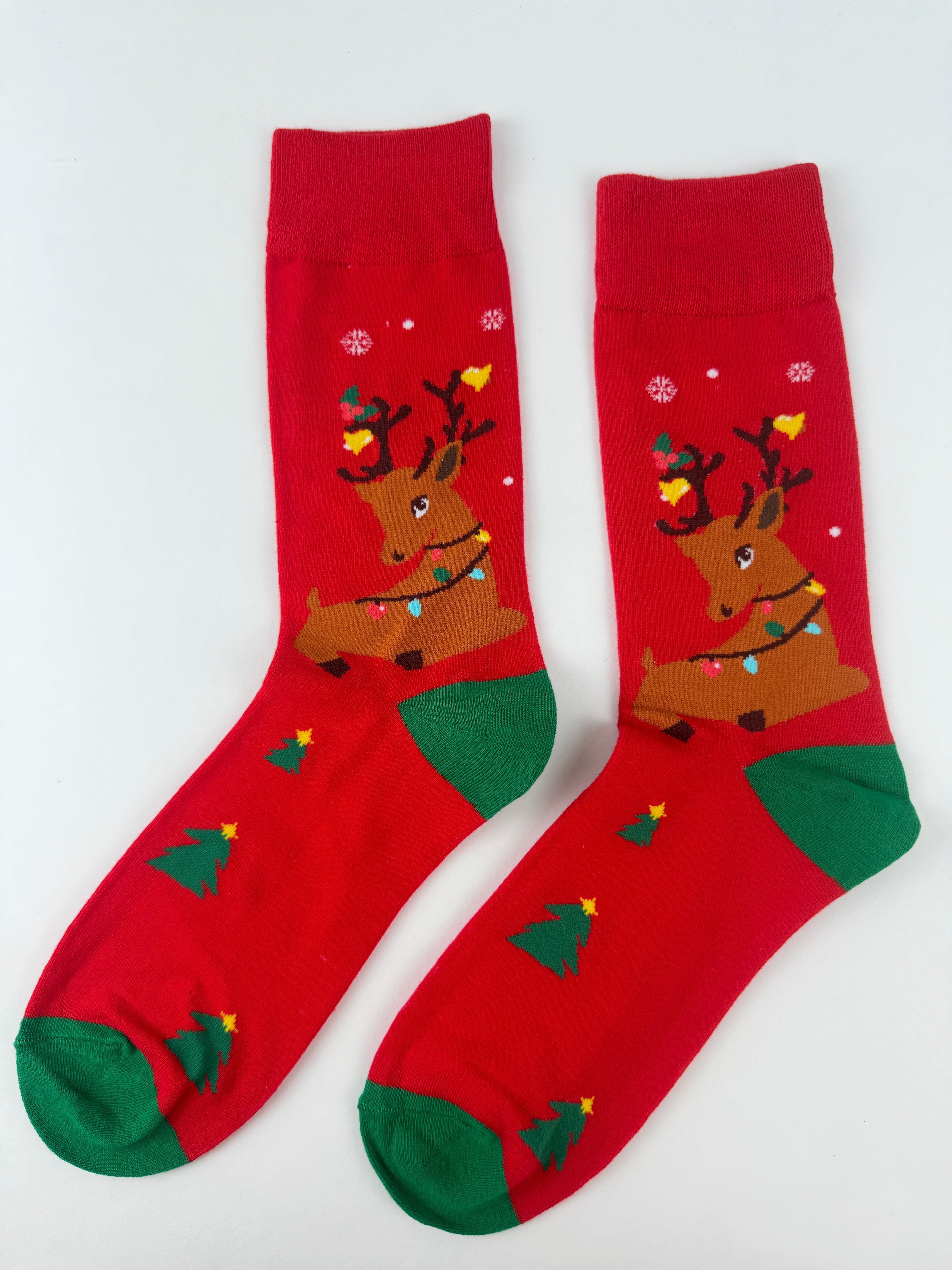 Reindeer Christmas Socks – Festive Red Crew with Lights