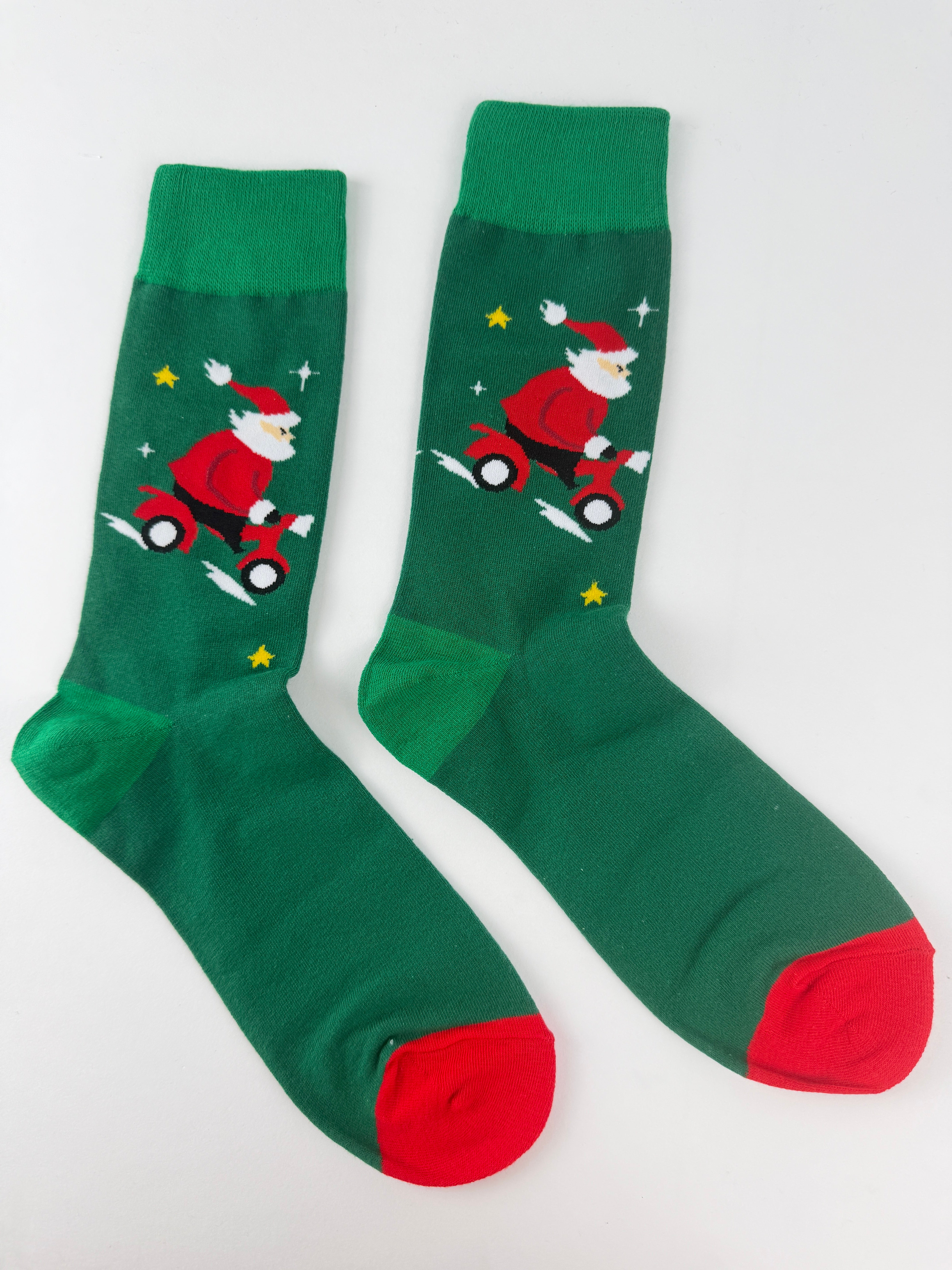 Santa Scooter Socks – Red & Green Christmas Crew