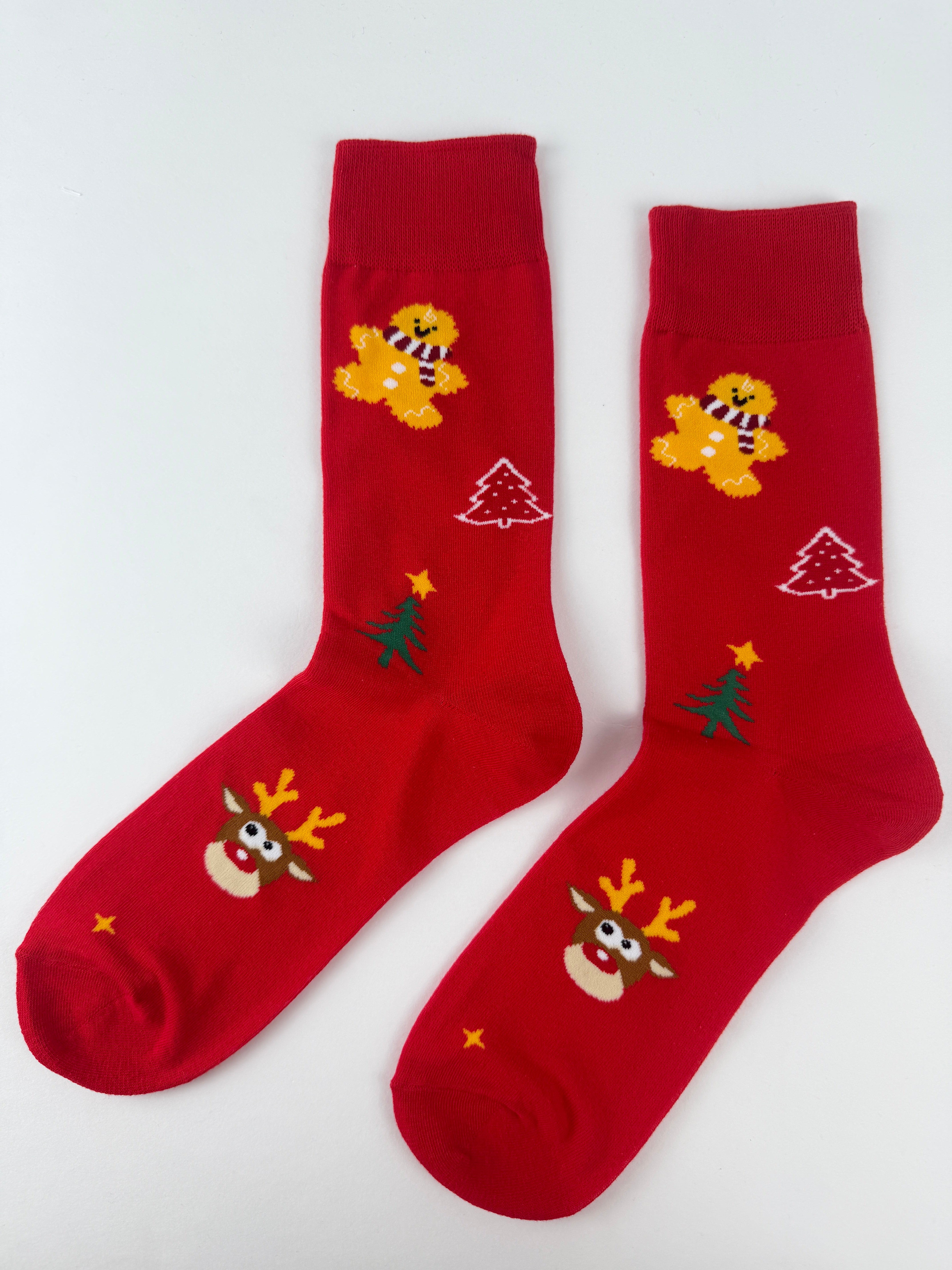 Gingerbread & Reindeer Christmas Socks – Red Holiday Crew