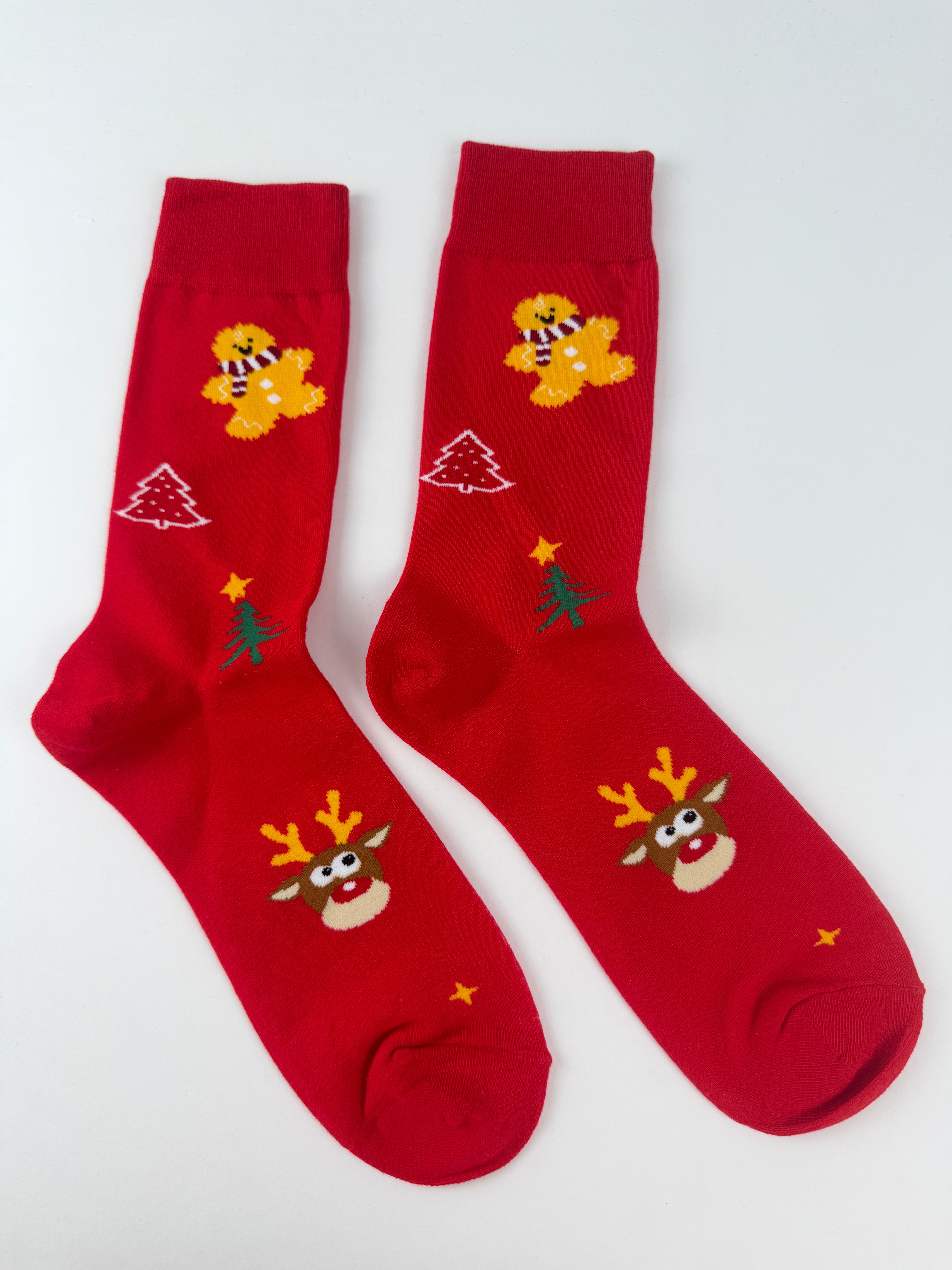 Gingerbread & Reindeer Christmas Socks – Red Holiday Crew