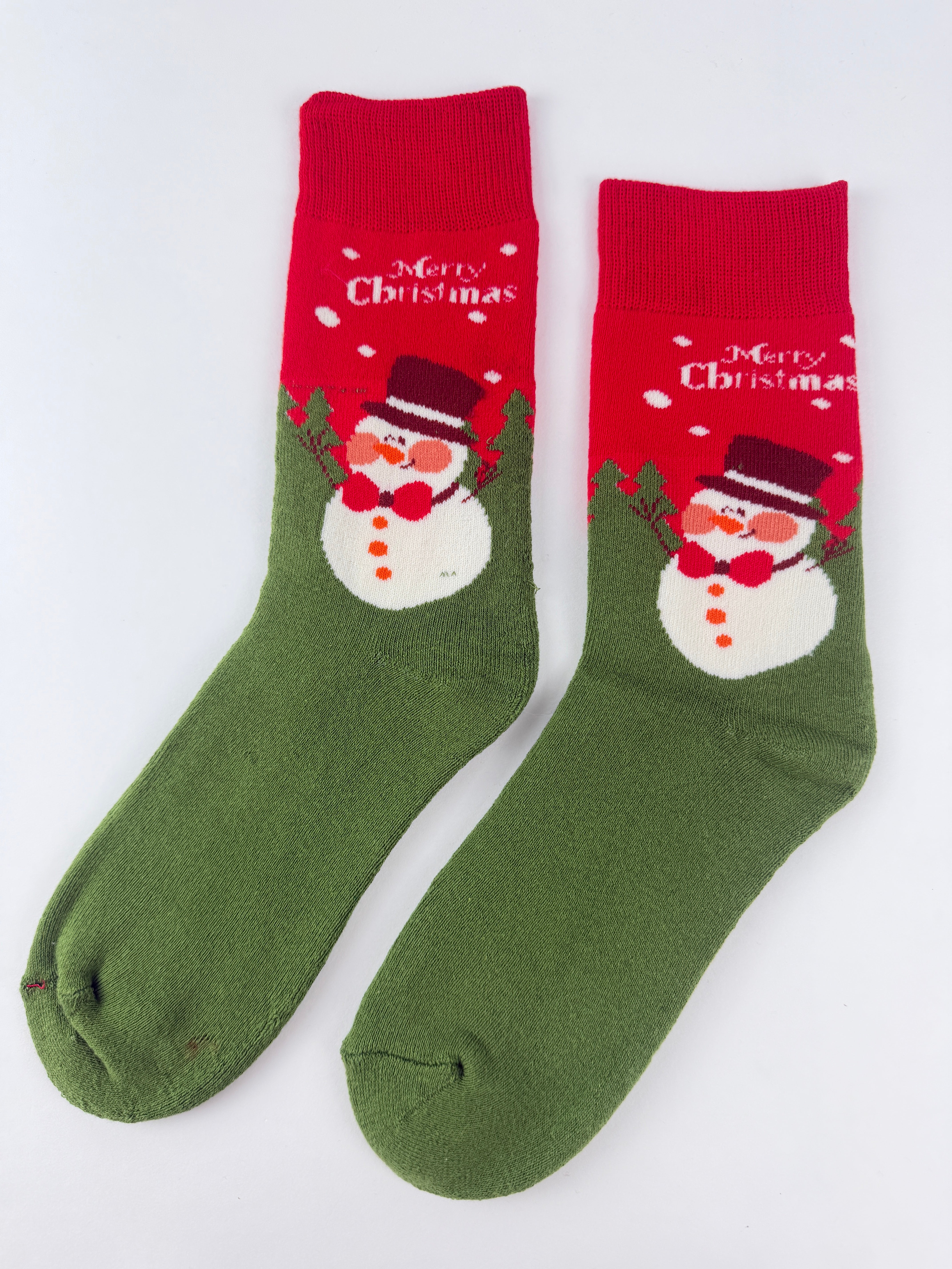 Festive Snowman Christmas Socks – Green & Red Crew