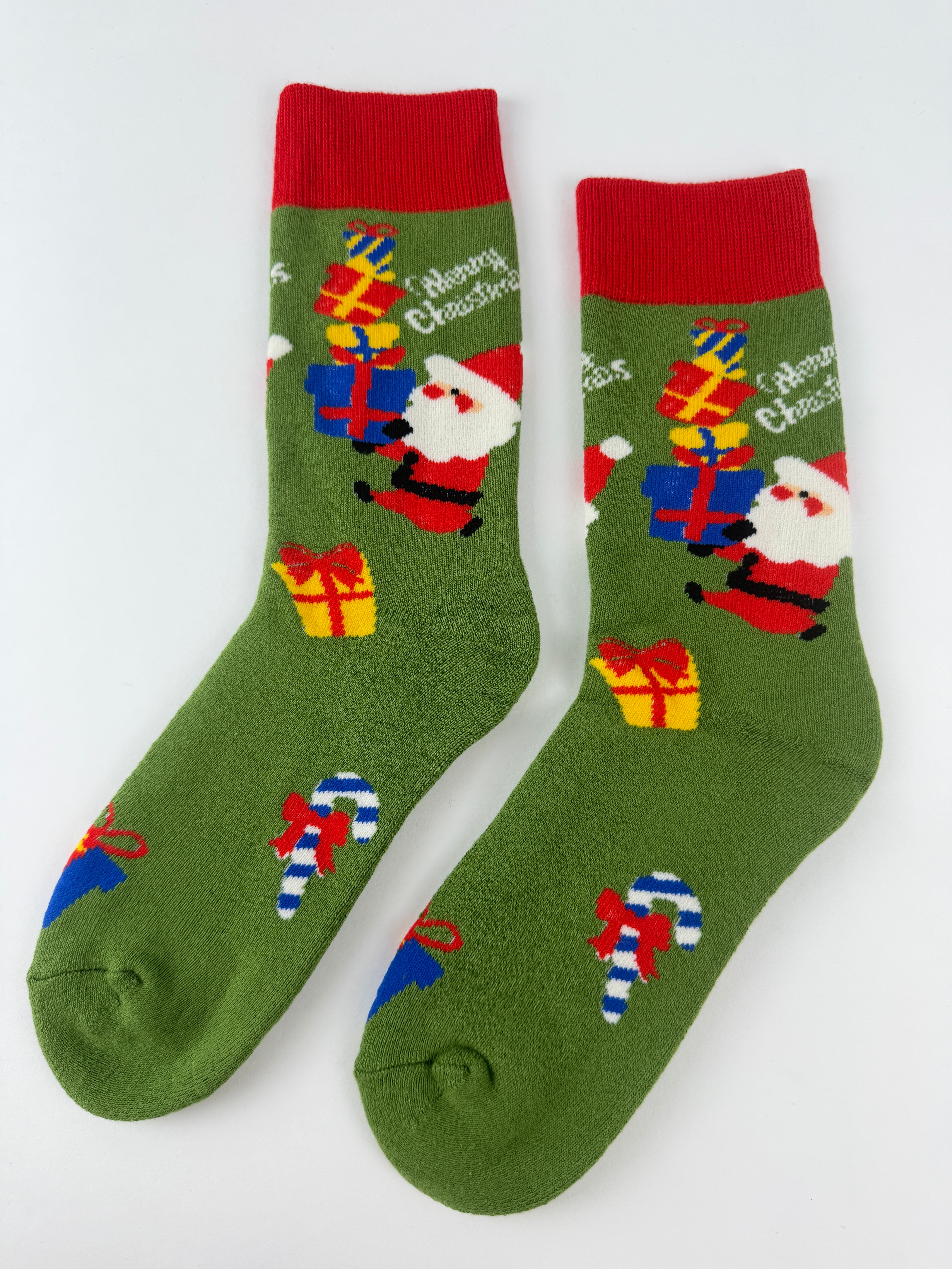 Santa with Gift Boxes Christmas Socks – Green Holiday Crew