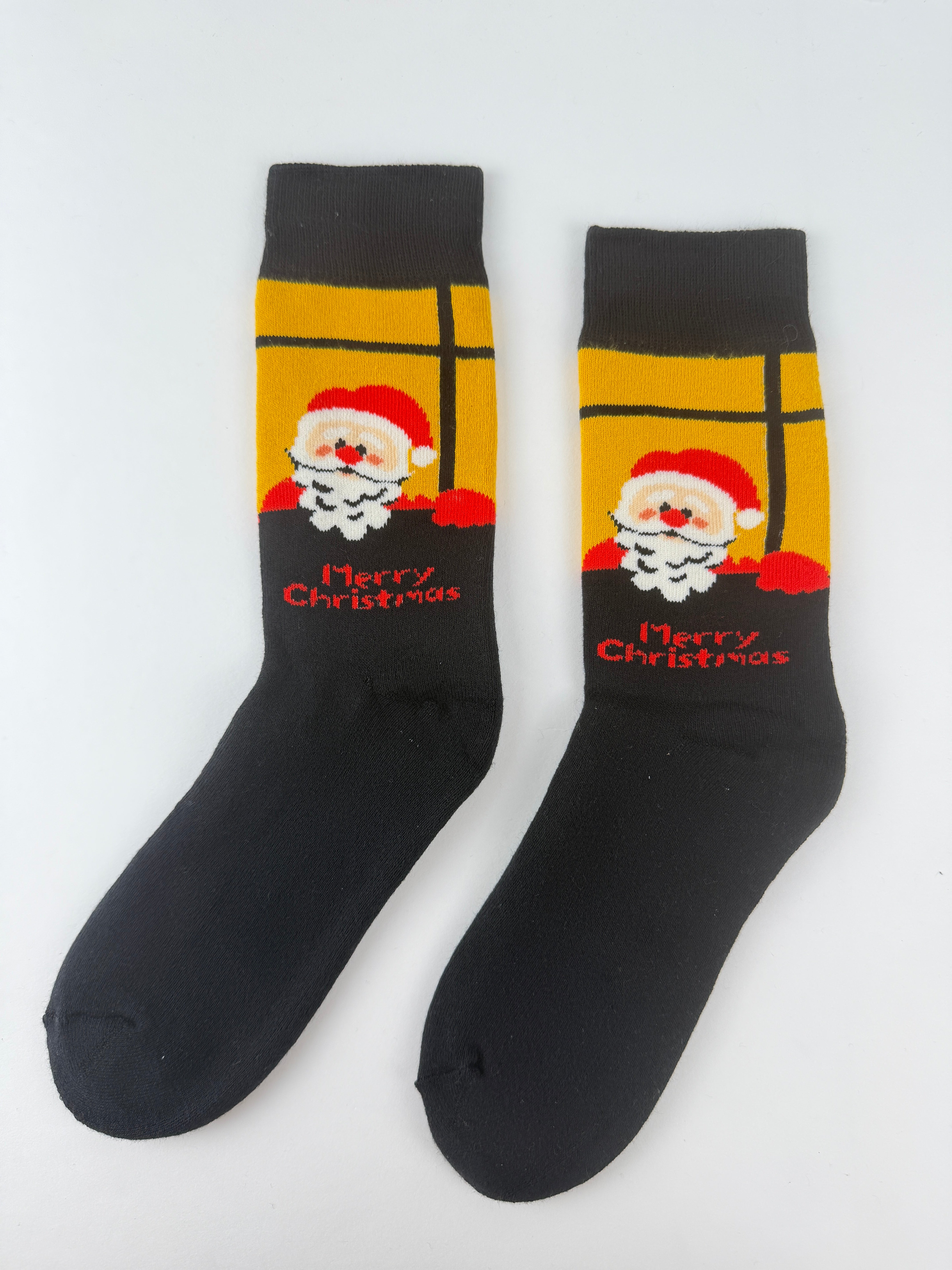 Santa Window Christmas Socks – Black & Gold Crew