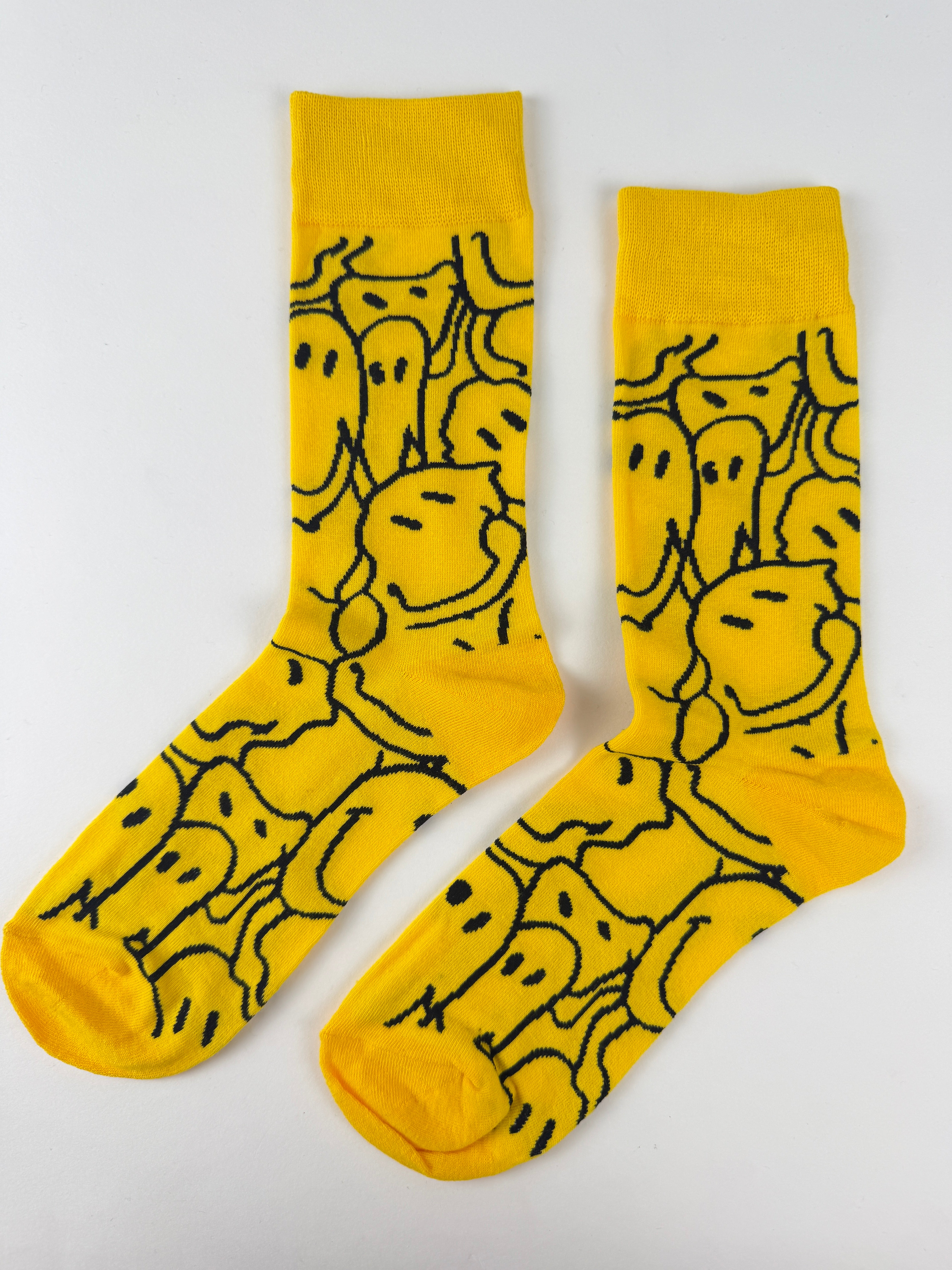 Yellow Abstract Smiley Line Art Crew Socks