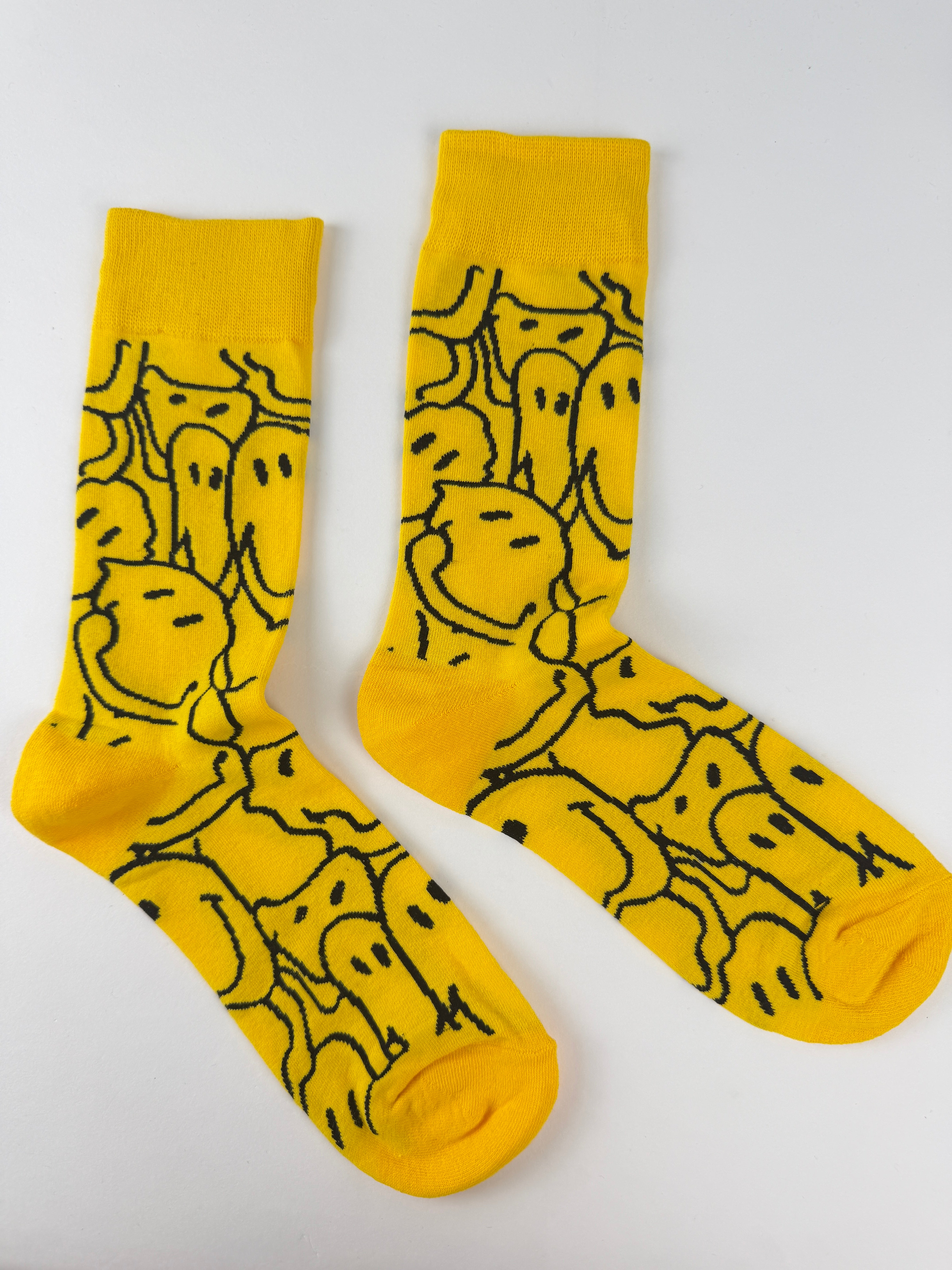 Yellow Abstract Smiley Line Art Crew Socks