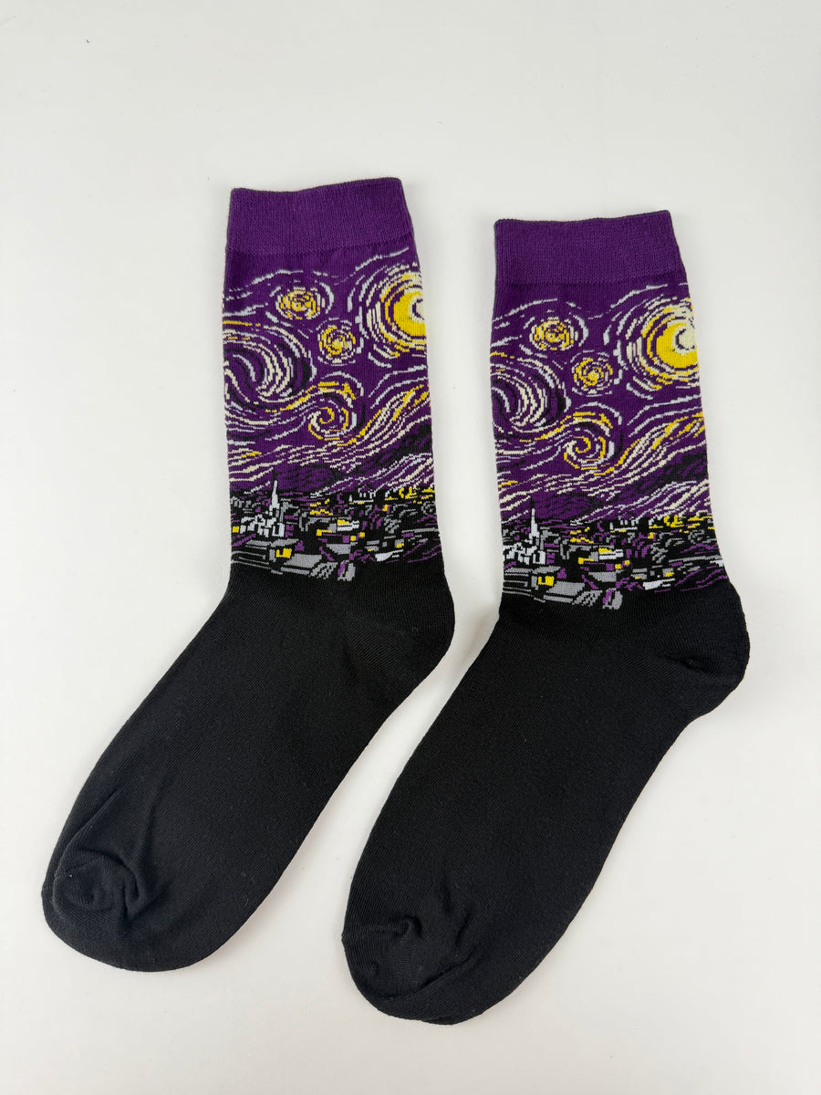 Purple Starry Night Painting Crew Socks