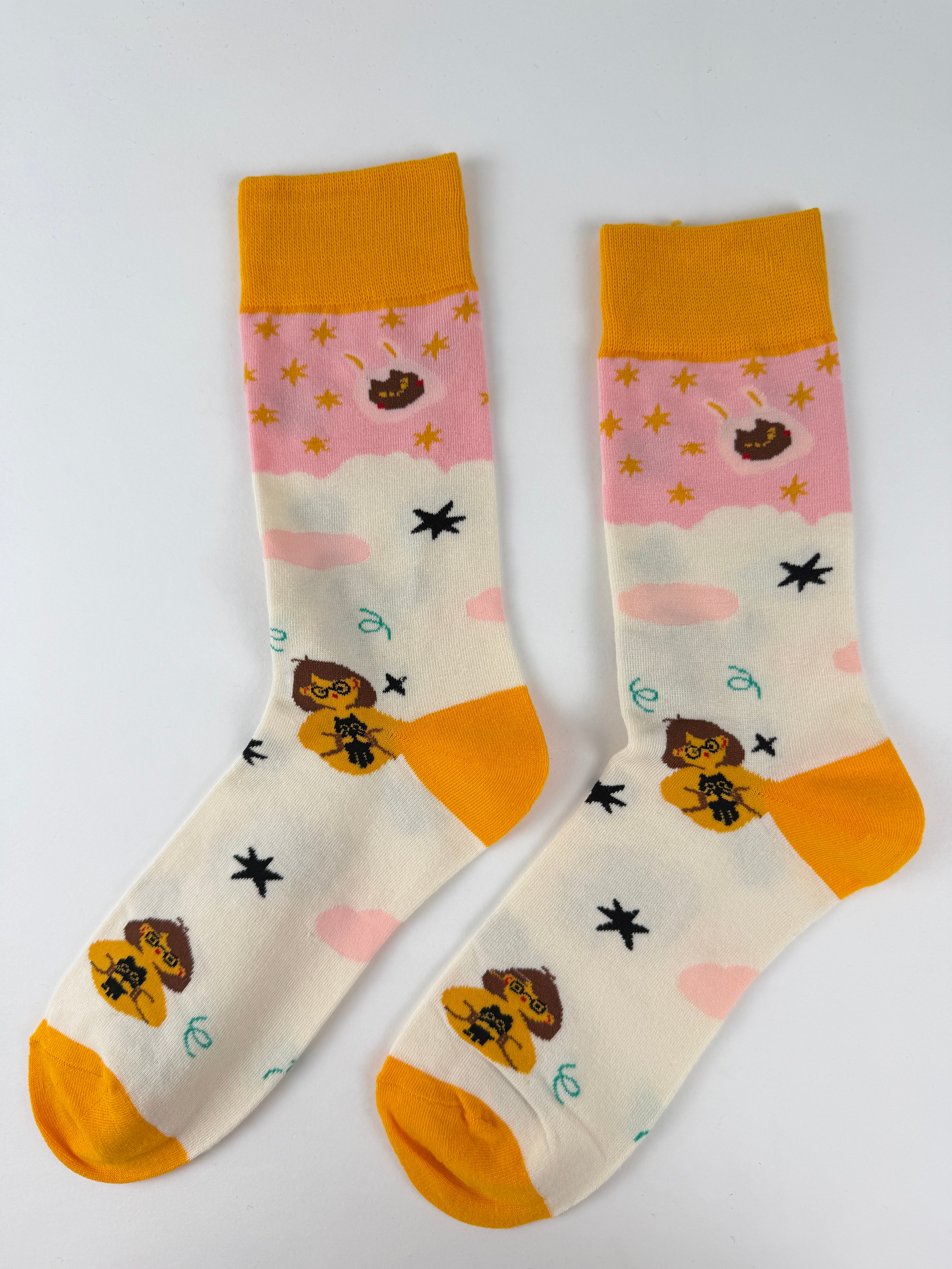 Illustration Collection – Girl Hugging Black Cat Crew Socks