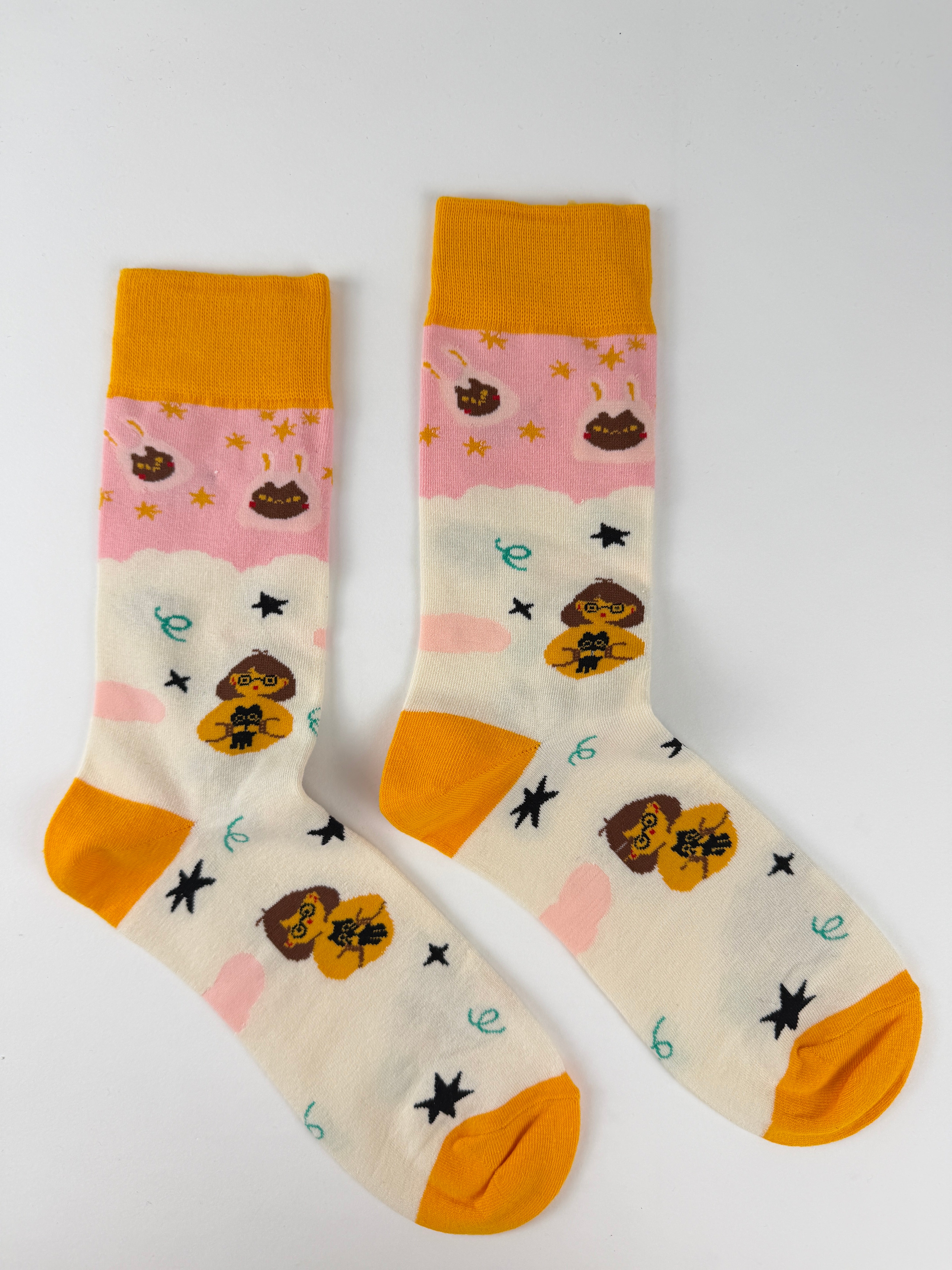 Illustration Collection – Girl Hugging Black Cat Crew Socks