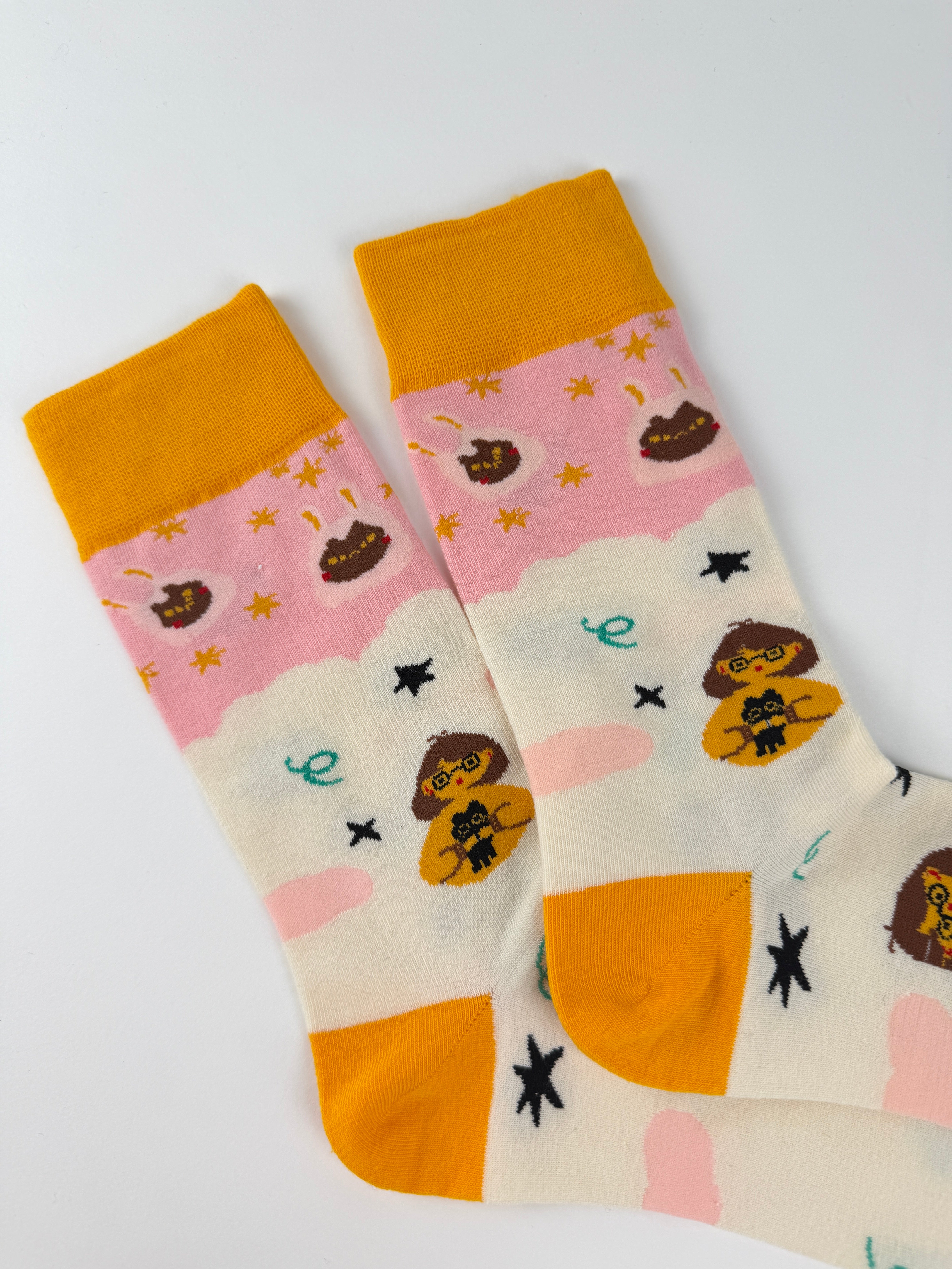 Illustration Collection – Girl Hugging Black Cat Crew Socks