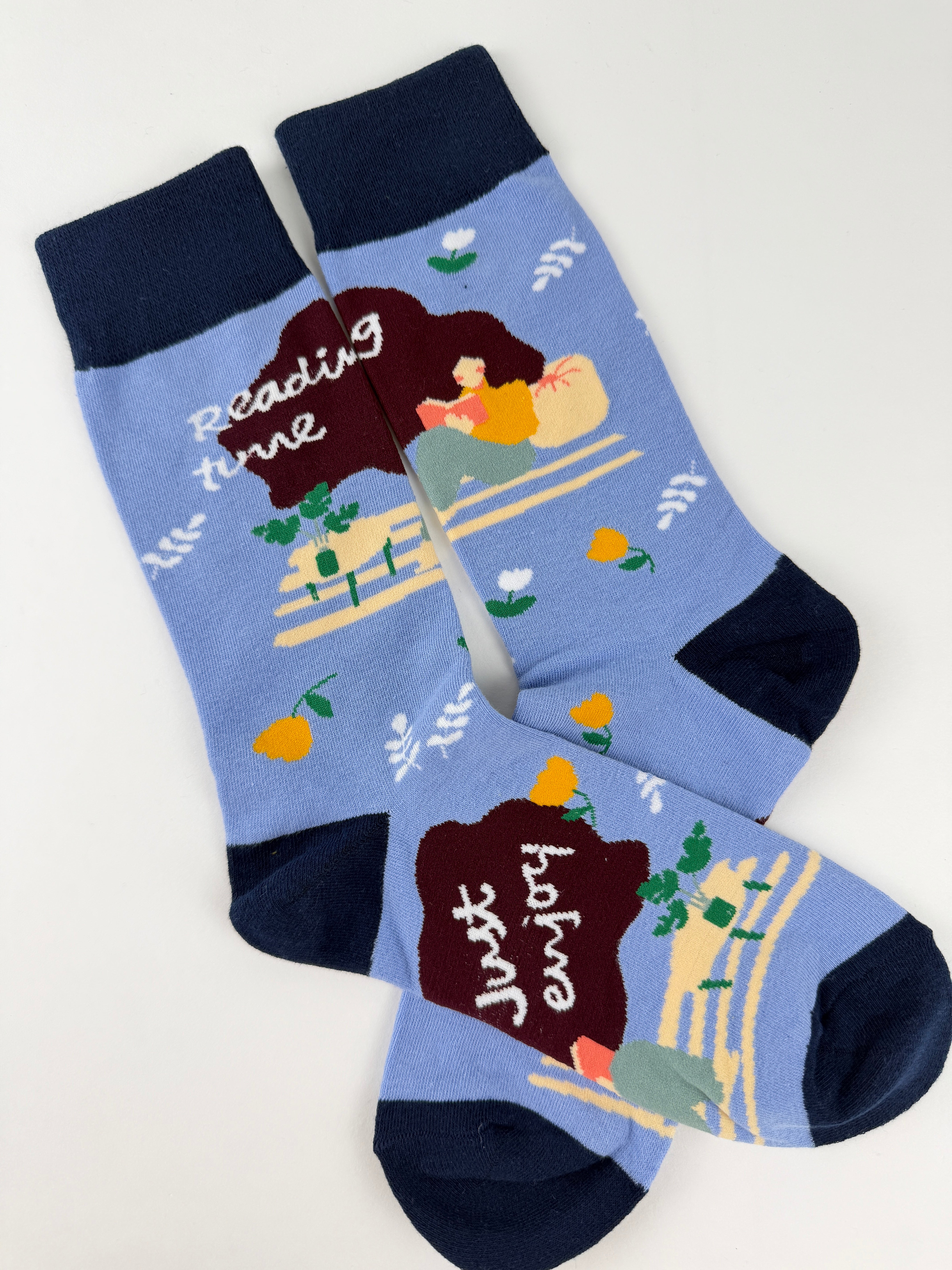 Illustration Collection – Girl Reading Book Floral Crew Socks