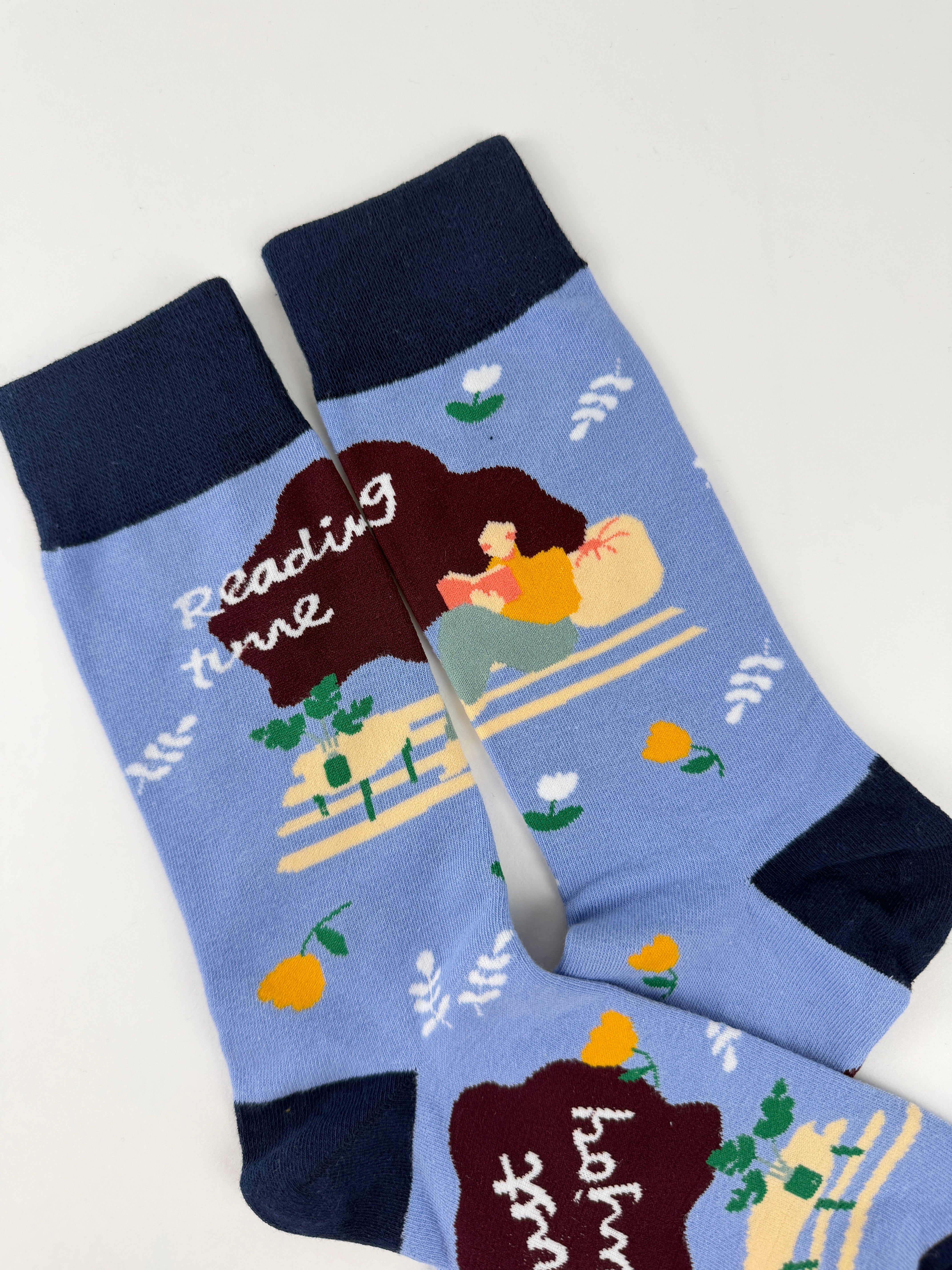 Illustration Collection – Girl Reading Book Floral Crew Socks