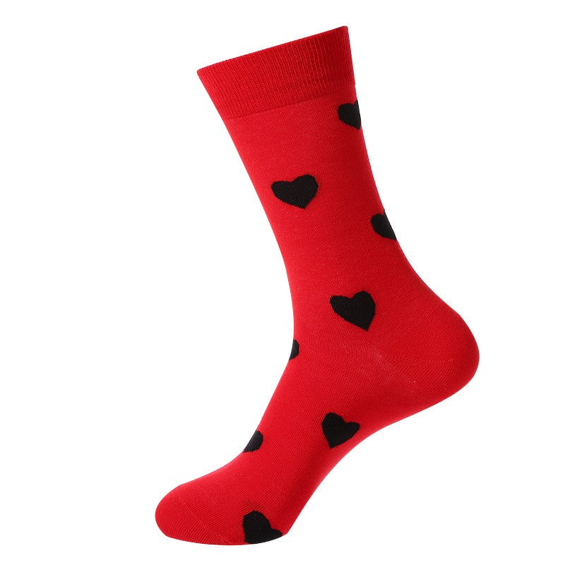 Red sock with black heart patterns