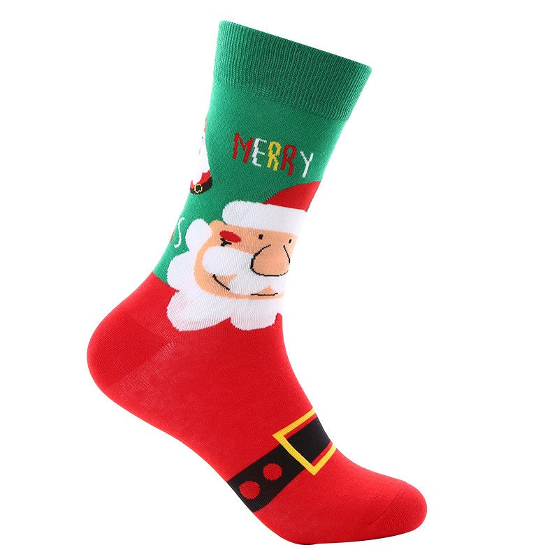 Red and green crew socks with Santa face, 'Merry Christmas' text, and Santa belt design
