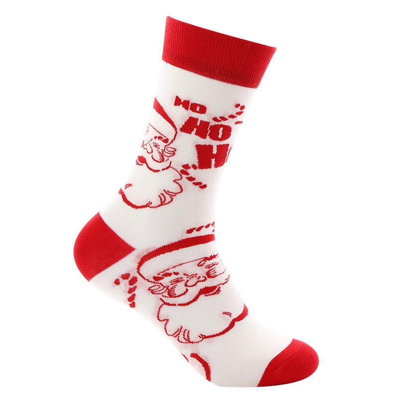 White crew socks with red Santa Claus and Ho Ho Ho print, red heel, toe, and cuff
