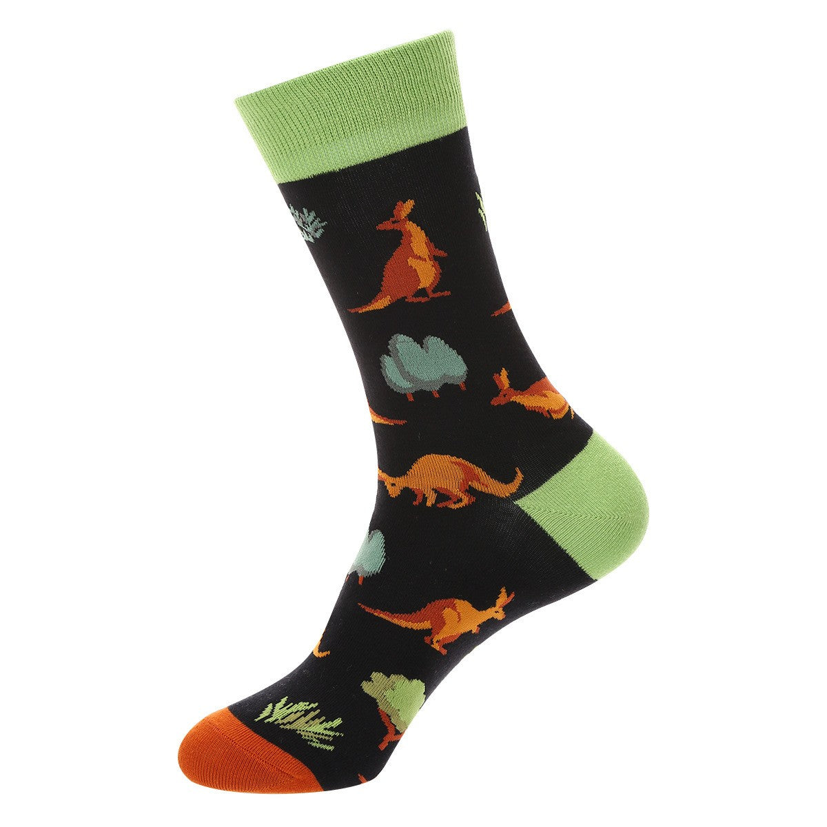 Black crew sock with orange kangaroos, green trees, light-green heel and cuff, orange toe — animal themed