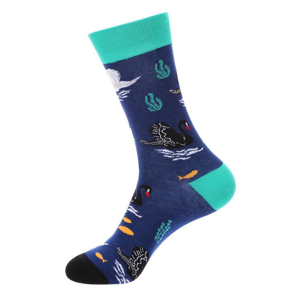 Navy crew sock with black and white swans, ripple waves and small fish, teal cuff and heel, black toe — animal themed