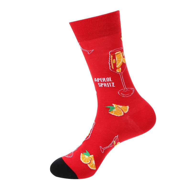 Red novelty socks with Aperol spritz cocktail glasses and orange slice pattern – unisex drink socks