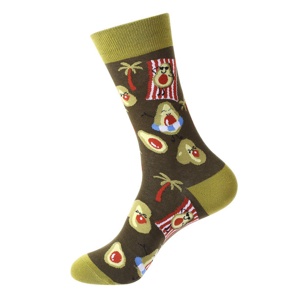 Brown novelty socks with playful avocado beach design and palm tree print – unisex avocado socks