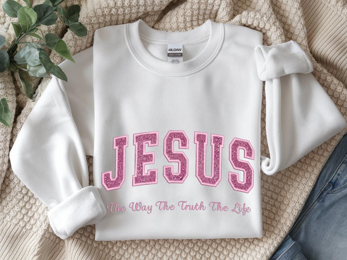 Glitter Embroidered JESUS Adult Sweatshirt
