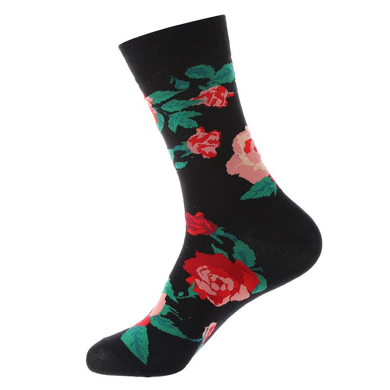 Rose pattern socks with green leaves on black background