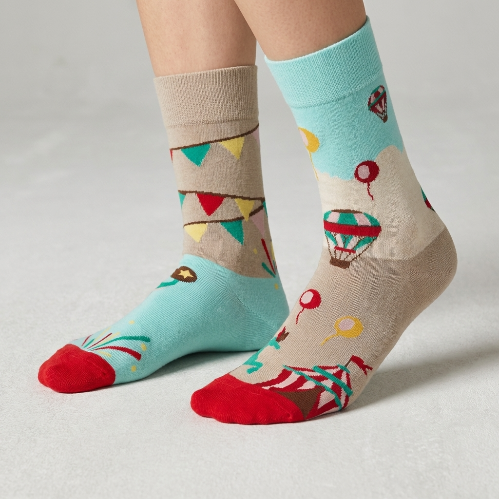 Colorful patterned socks worn by a person on a light gray background